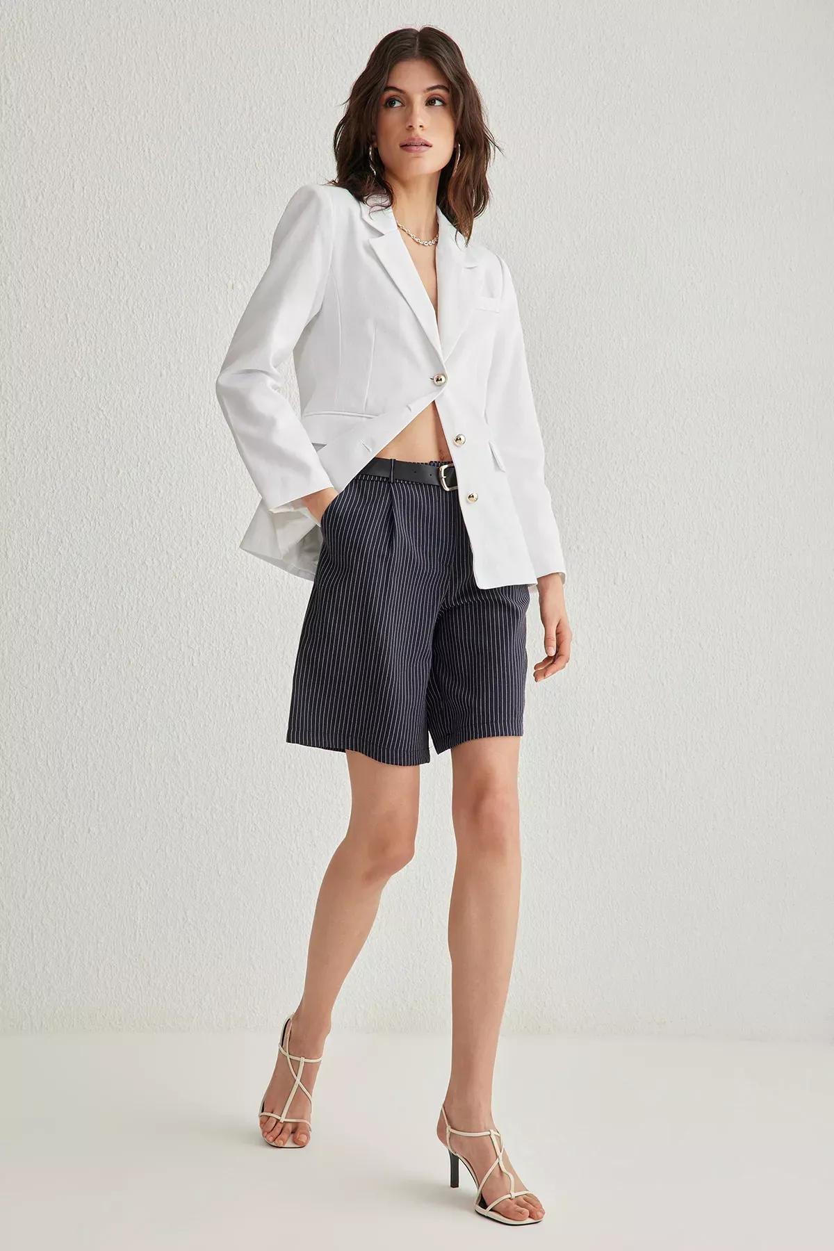 Navy Belted Knee Length Shorts, , large image number 0