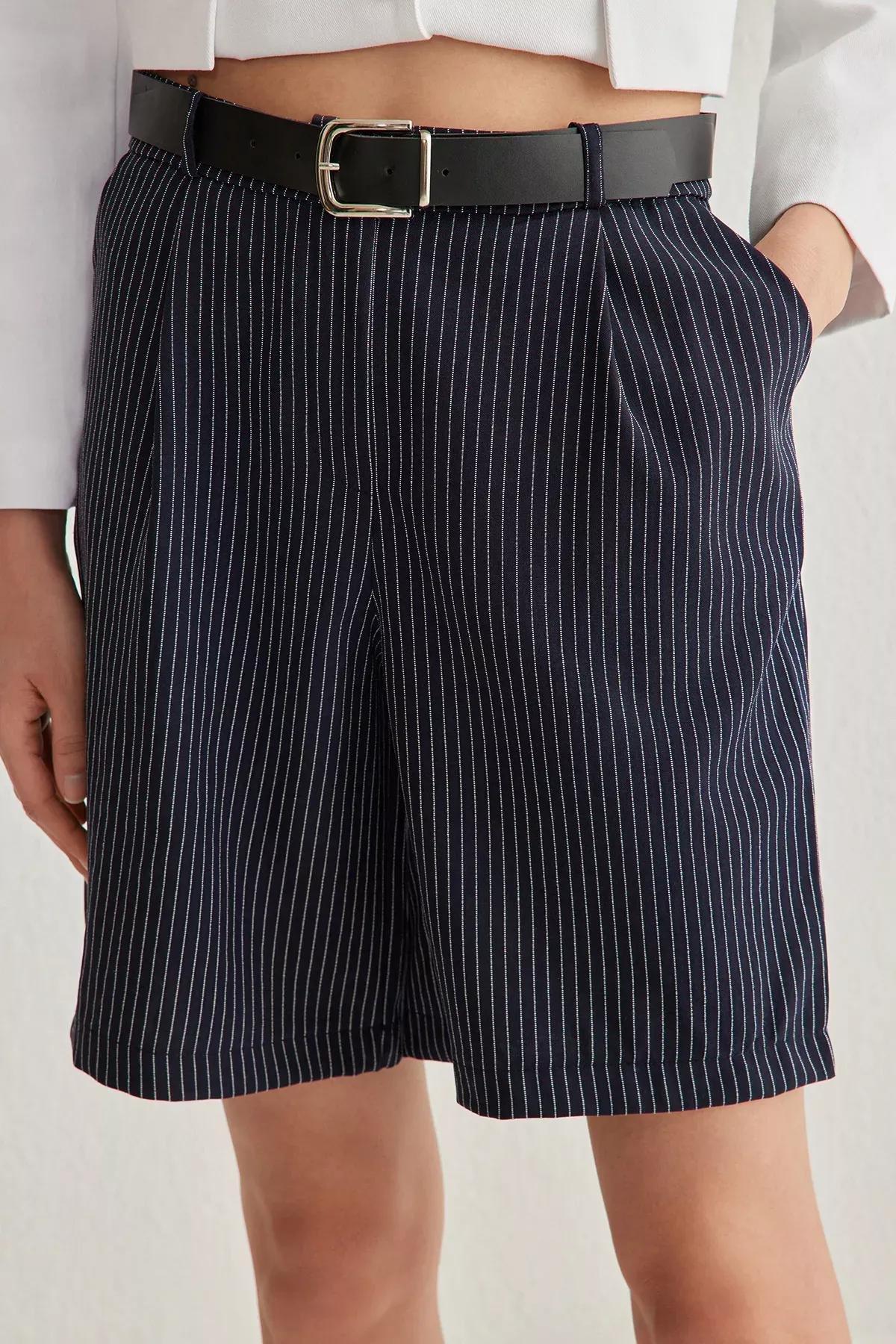 Navy Belted Knee Length Shorts, , large image number 2