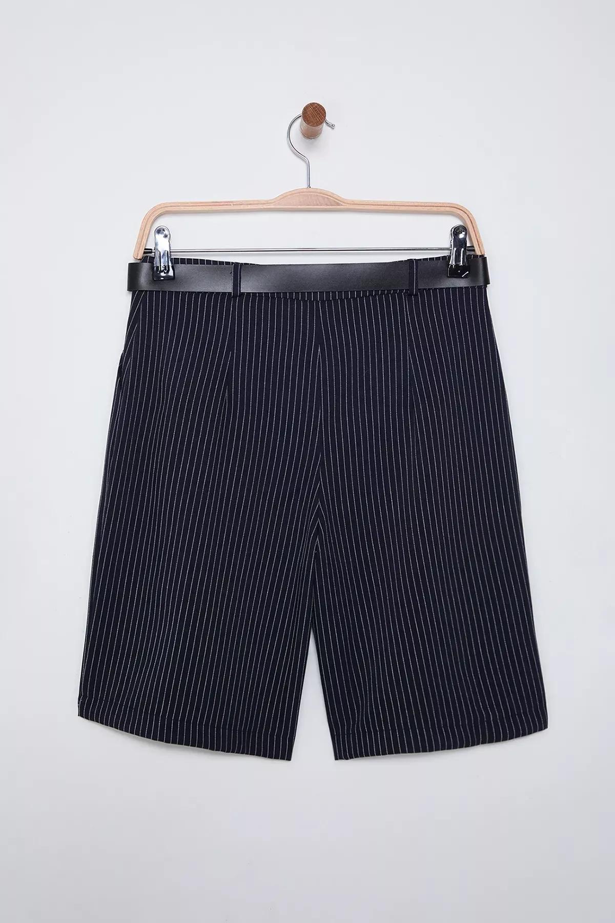 Navy Belted Knee Length Shorts, , large image number 7