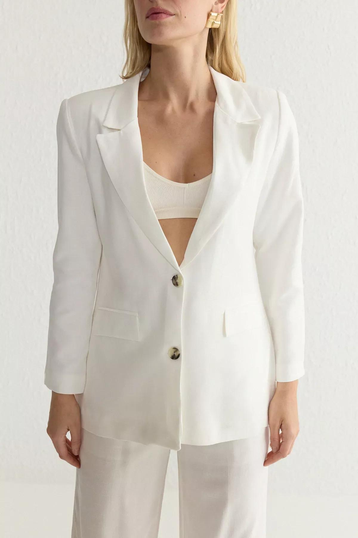Linen Look Plain Suit Blazer, White, large image number 3