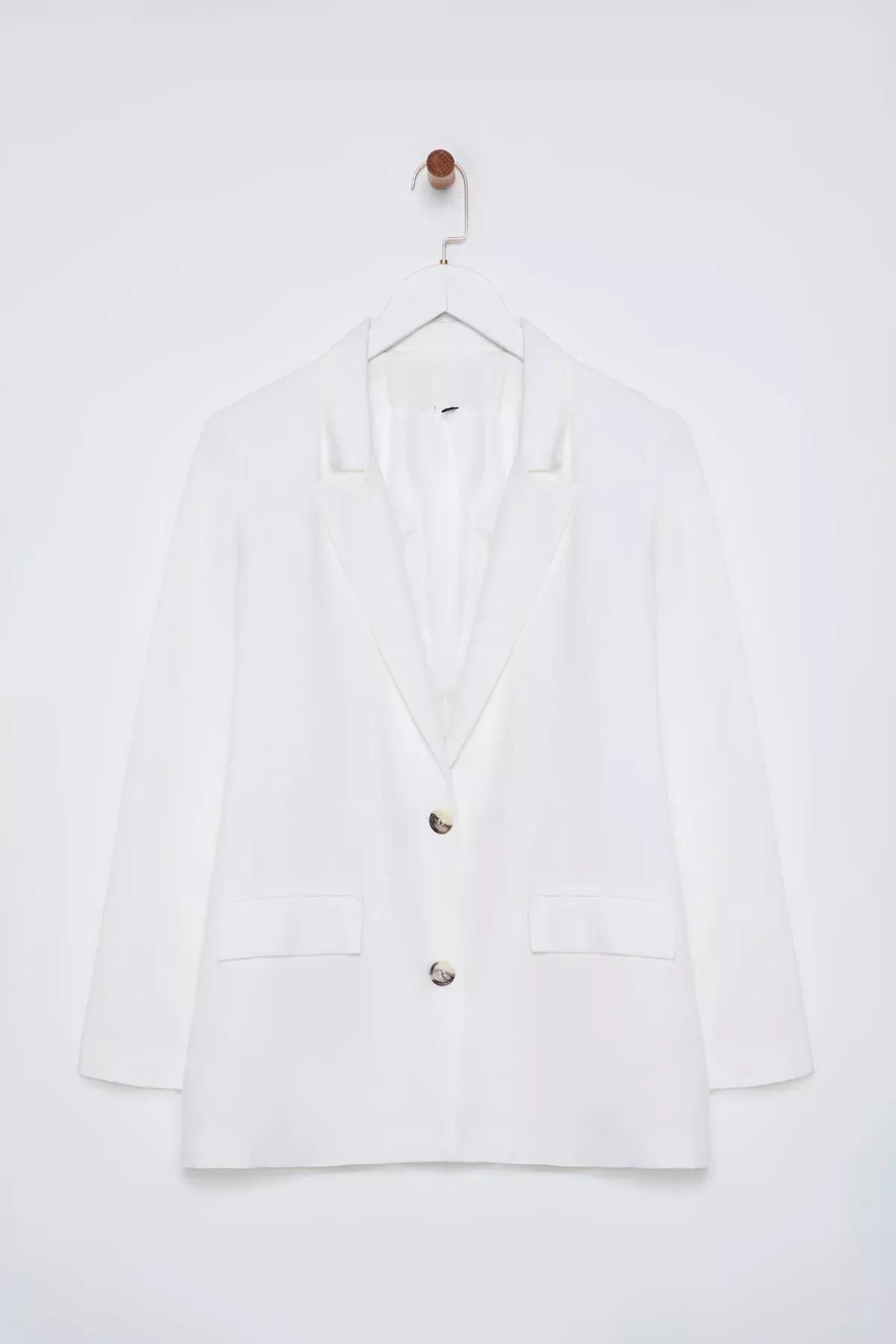 Linen Look Plain Suit Blazer, White, large image number 6
