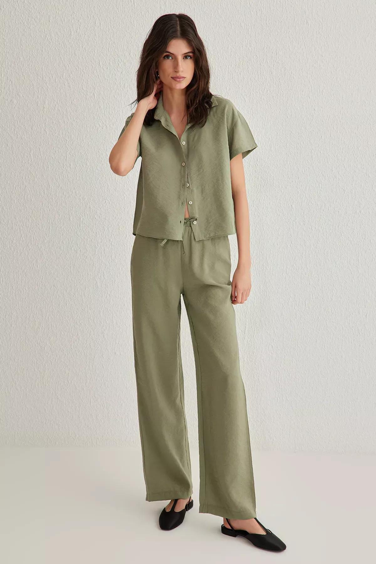 Green Short Sleeve Wide Leg Co-Ord Set, Khaki, large image number 0