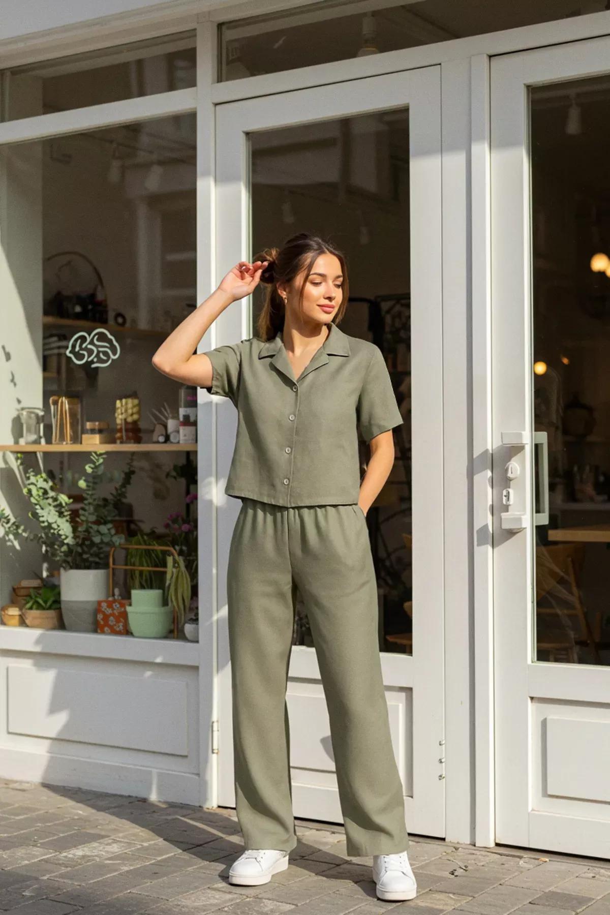 Green Short Sleeve Wide Leg Co-Ord Set, Khaki, large image number 1