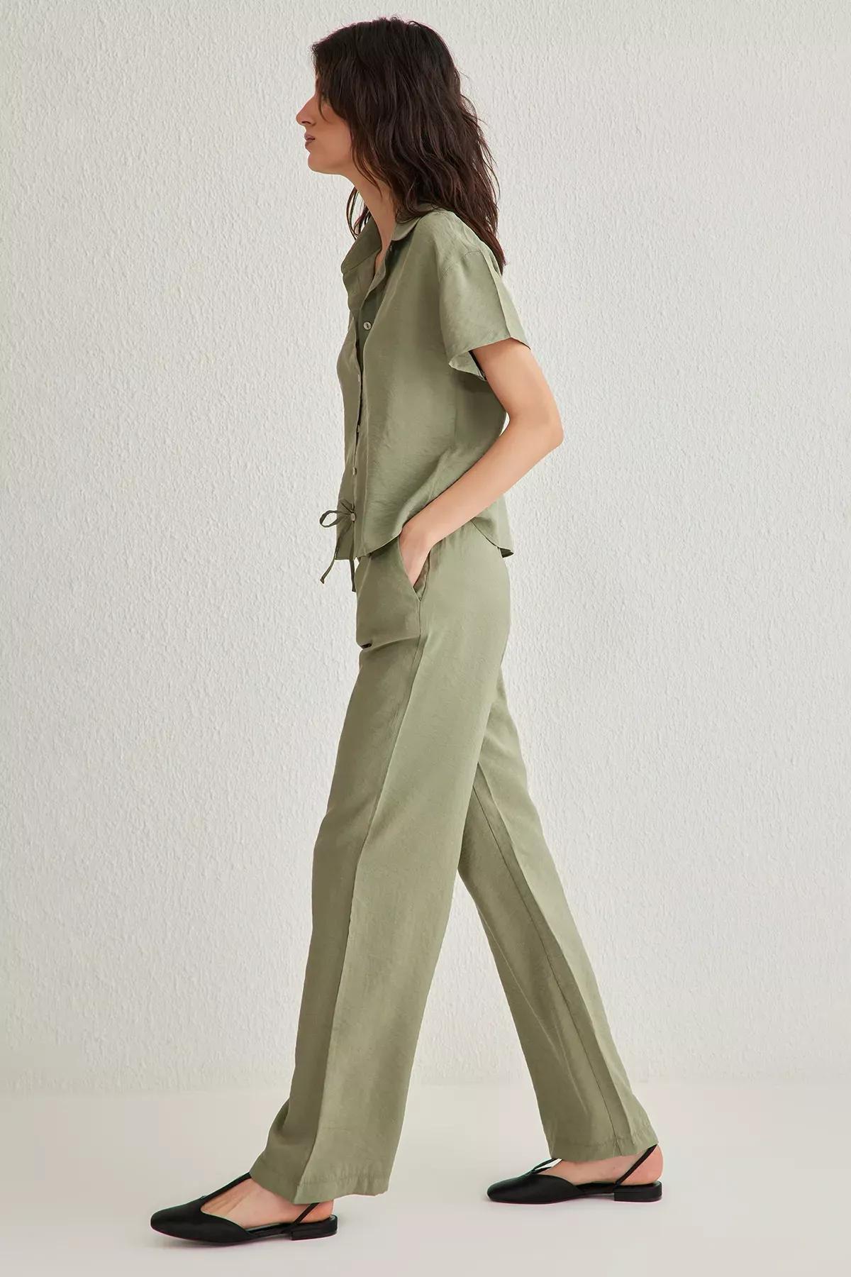 Green Short Sleeve Wide Leg Co-Ord Set, Khaki, large image number 2