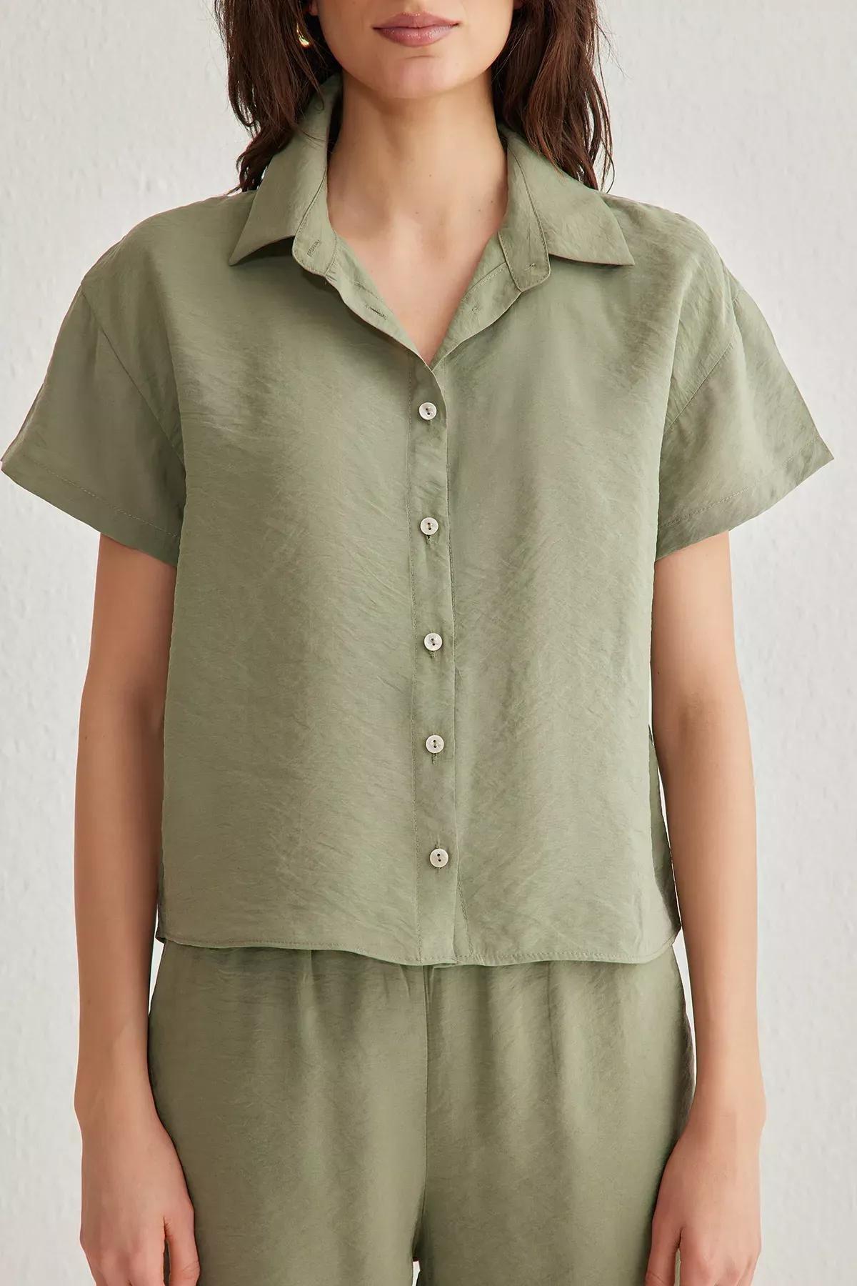 Green Short Sleeve Wide Leg Co-Ord Set, Khaki, large image number 3