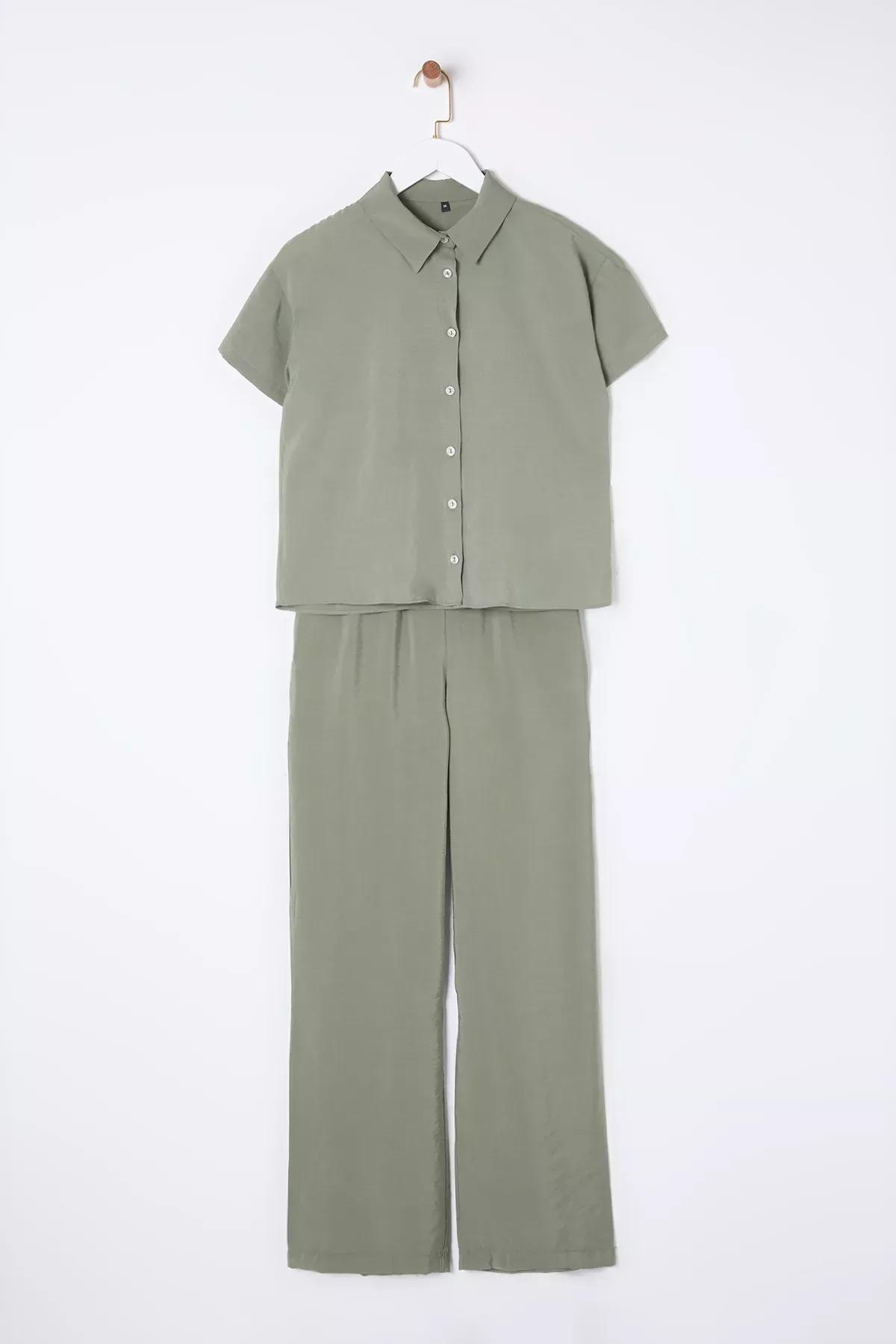 Green Short Sleeve Wide Leg Co-Ord Set, Khaki, large image number 6