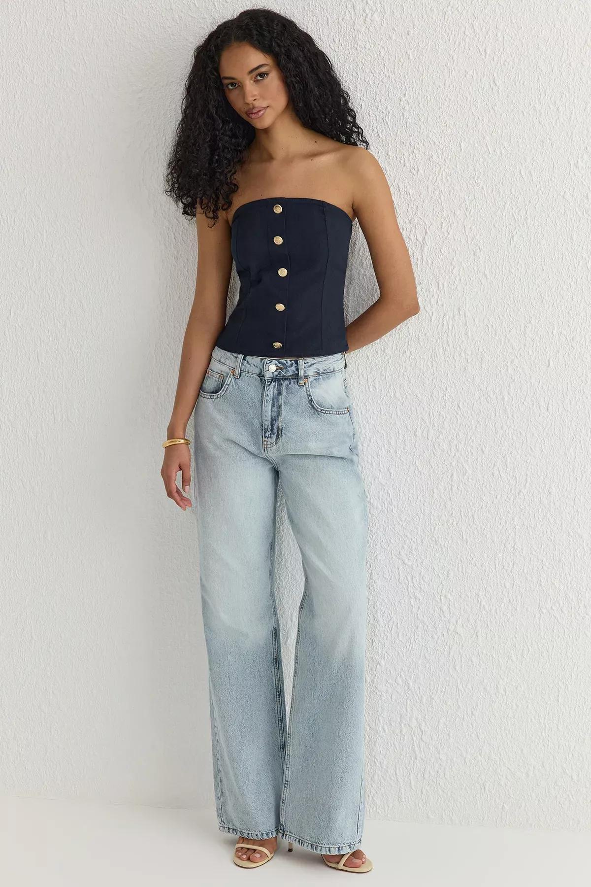 Navy Strapless Crop Blouse, Navy blue, large image number 0