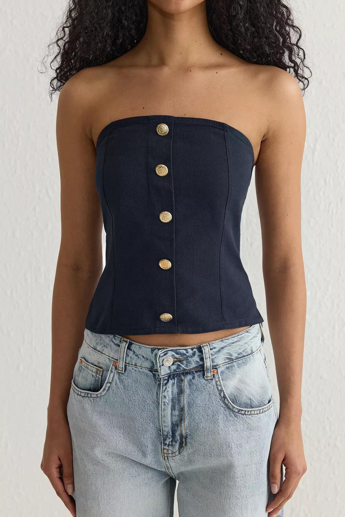 Navy Strapless Crop Blouse, Navy blue, large image number 2