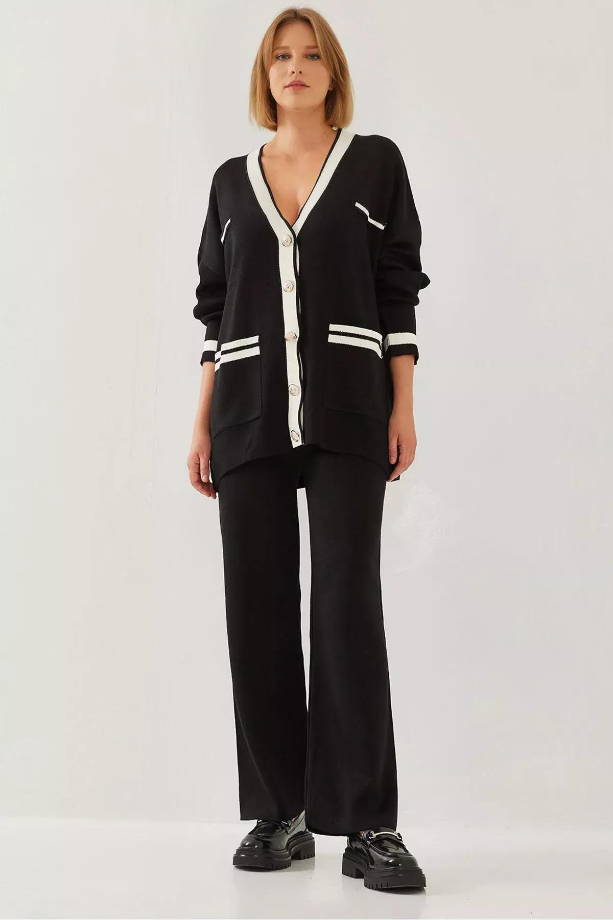 Grey Knotted Cardigan Bottom Top Set, BLACK, large image number 0
