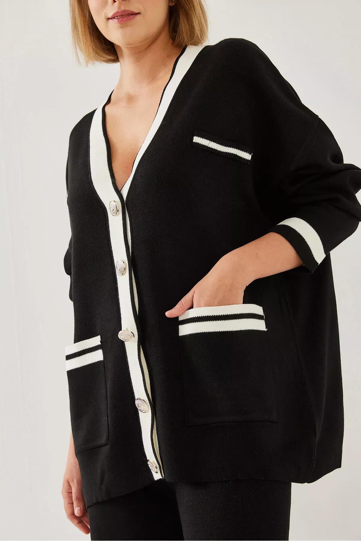 Grey Knotted Cardigan Bottom Top Set, BLACK, large image number 1