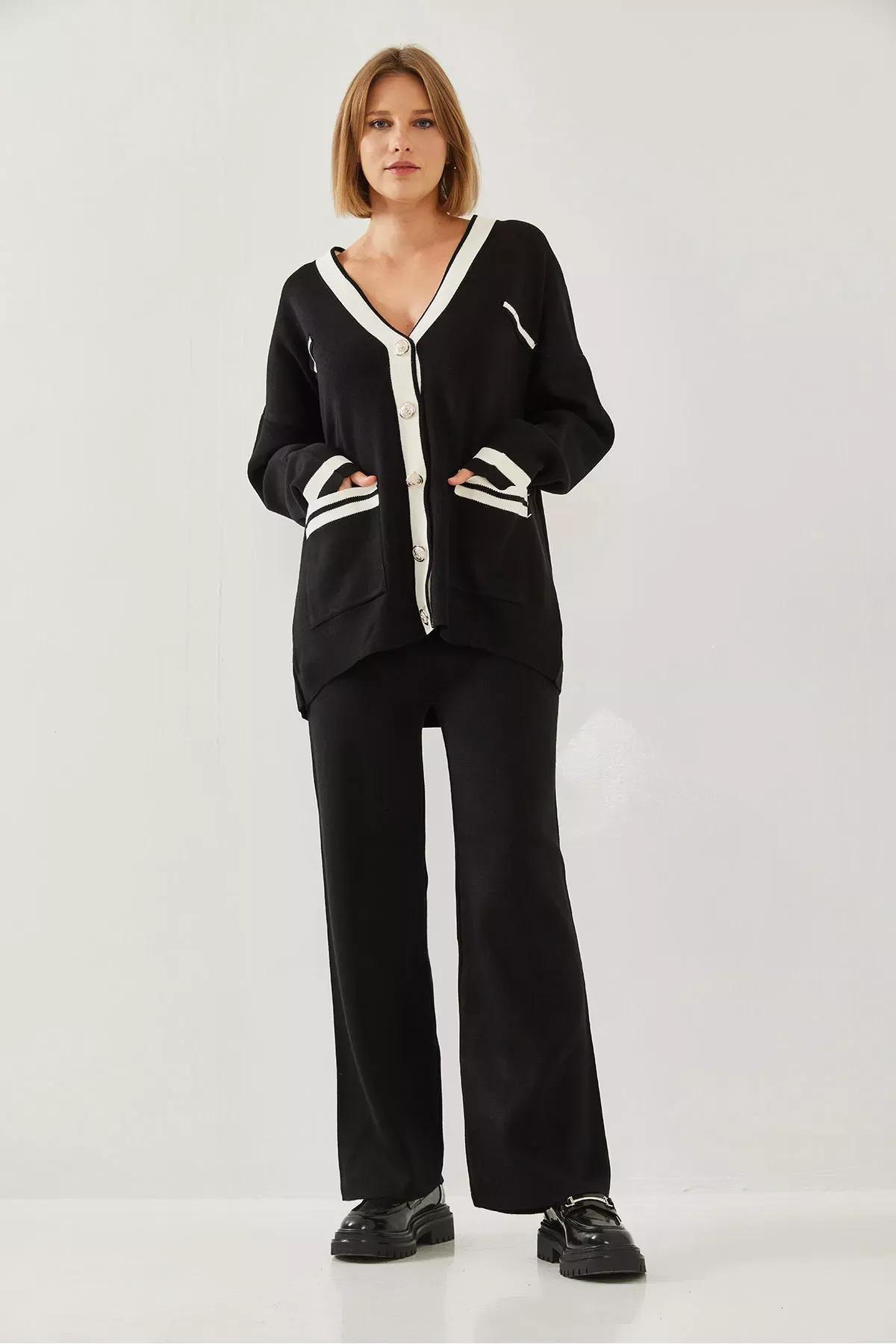 Grey Knotted Cardigan Bottom Top Set, BLACK, large image number 3