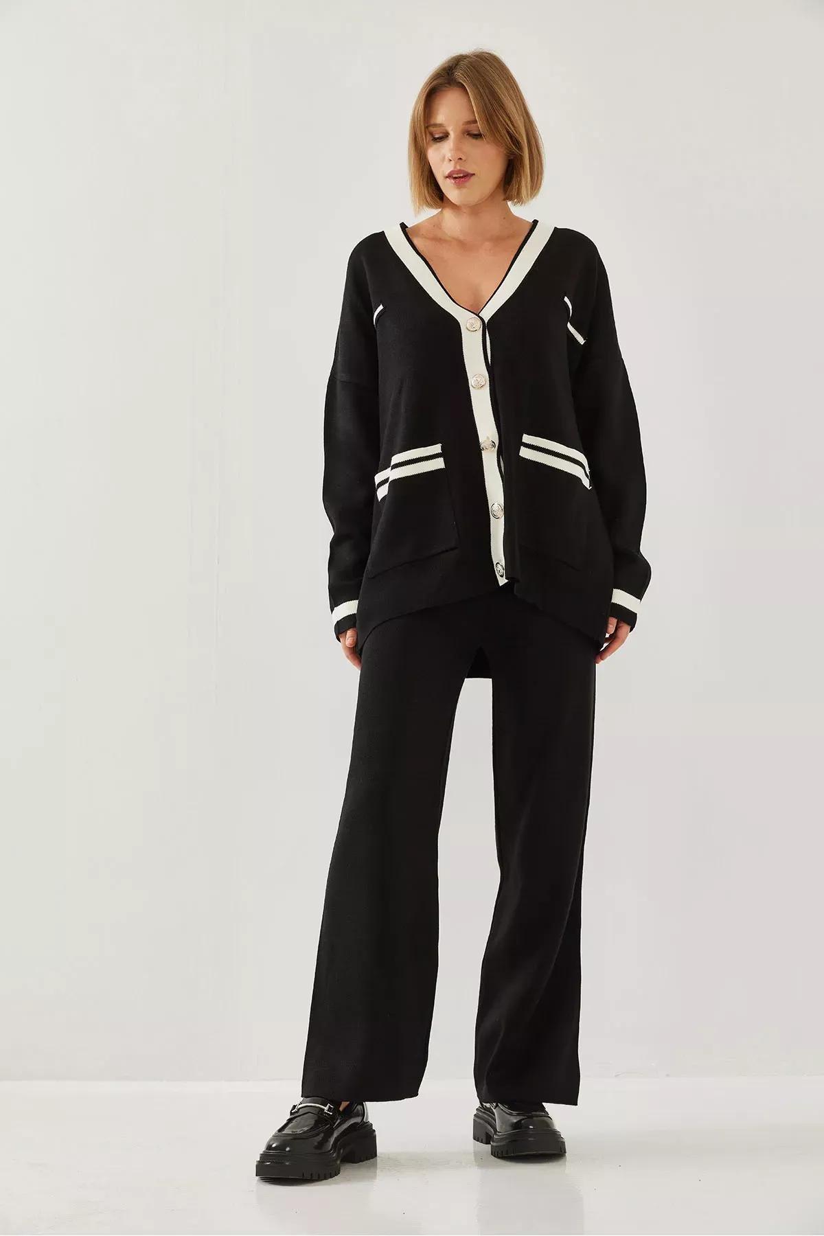 Grey Knotted Cardigan Bottom Top Set, BLACK, large image number 4