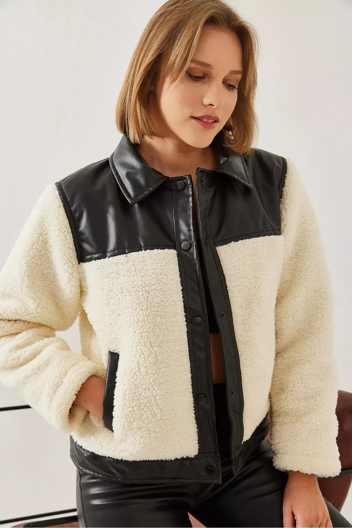 Cream Plush Leather Puffer Jacket, , large image number 3