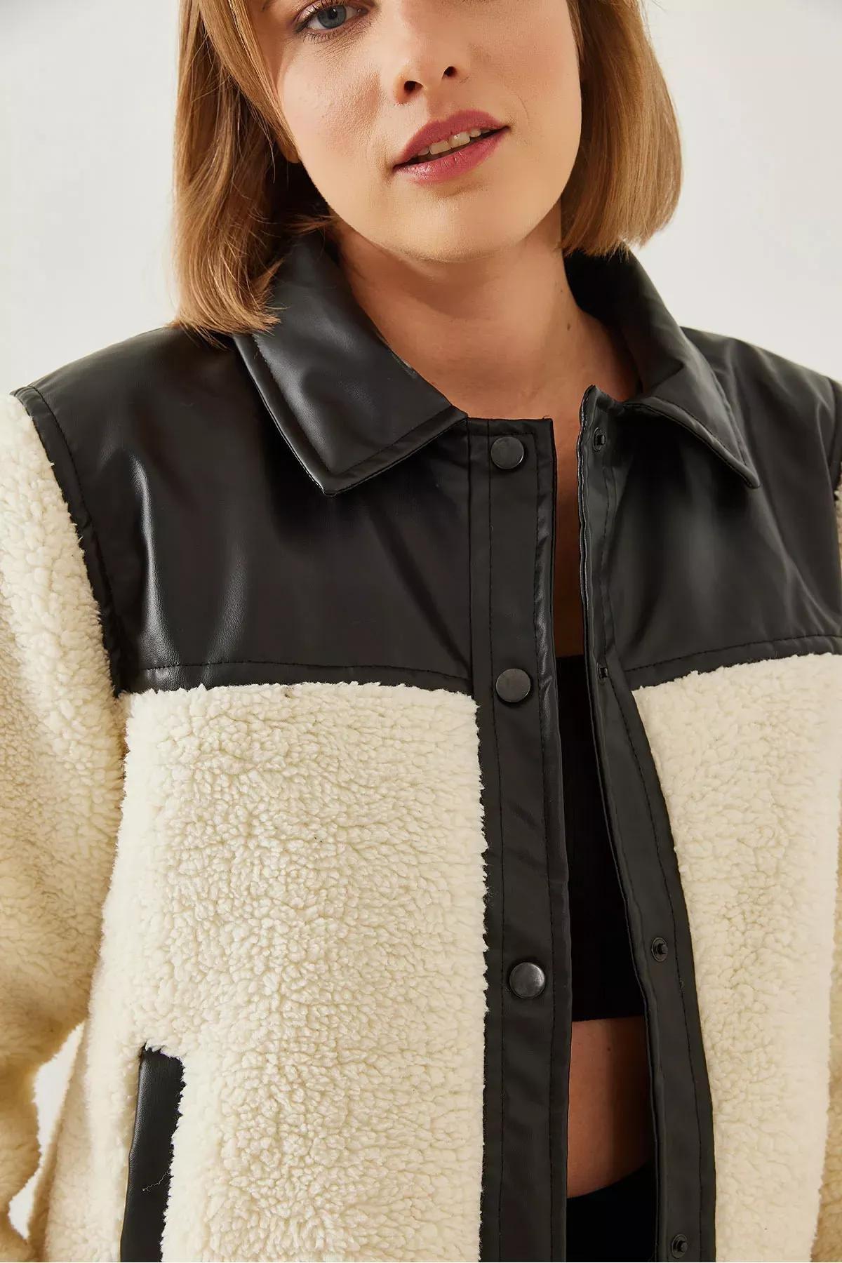 Cream Plush Leather Puffer Jacket, , large image number 4