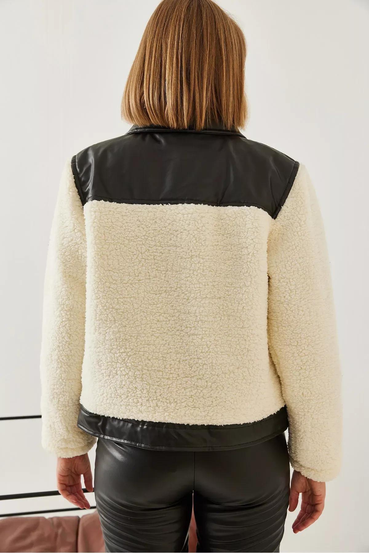 Cream Plush Leather Puffer Jacket, , large image number 7