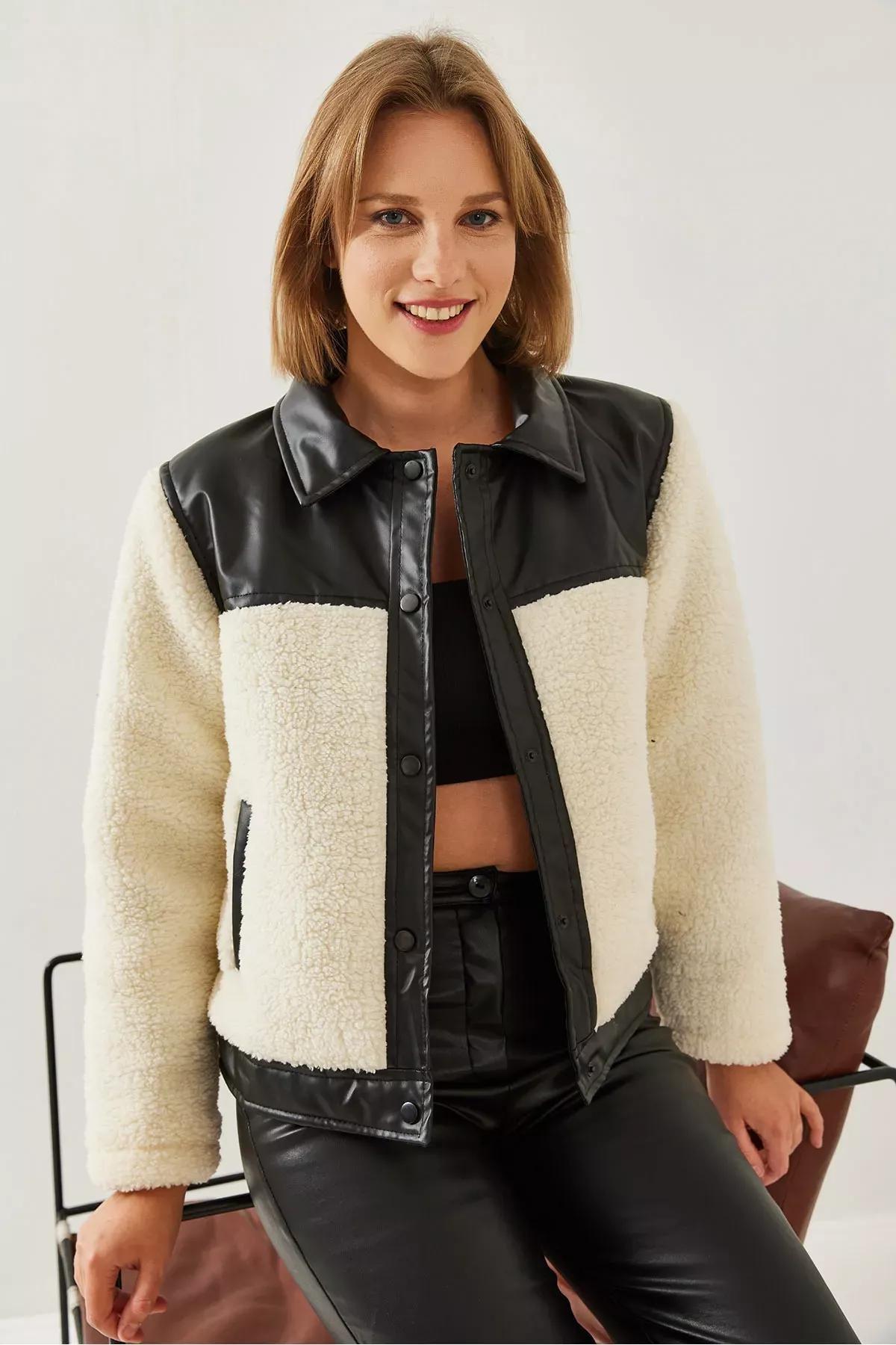 Cream Plush Leather Puffer Jacket, , large image number 8