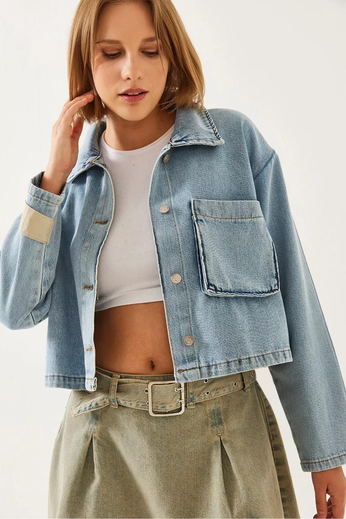 Blue Crop Denim Jacket, , large image number 0