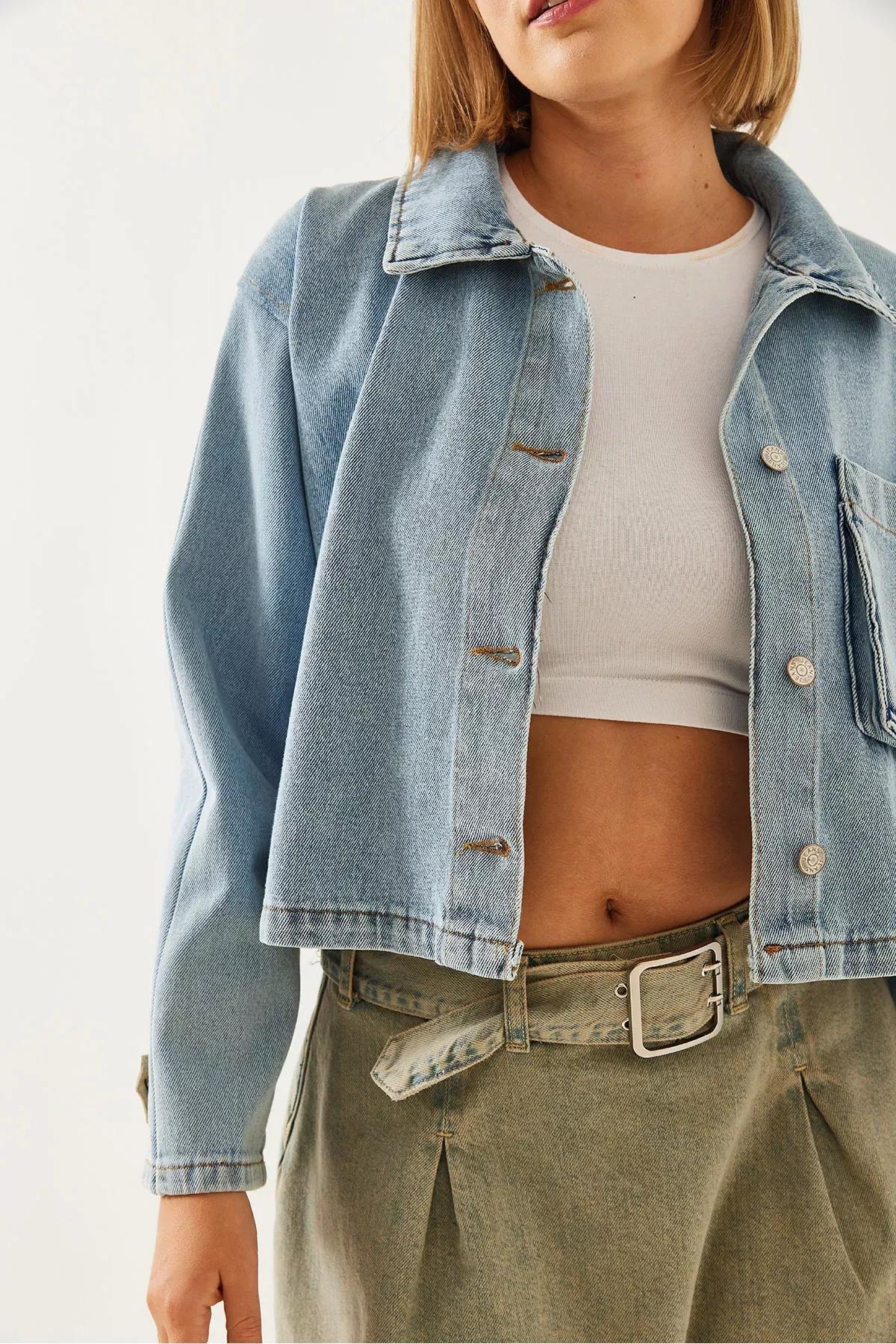 Blue Crop Denim Jacket, , large image number 1