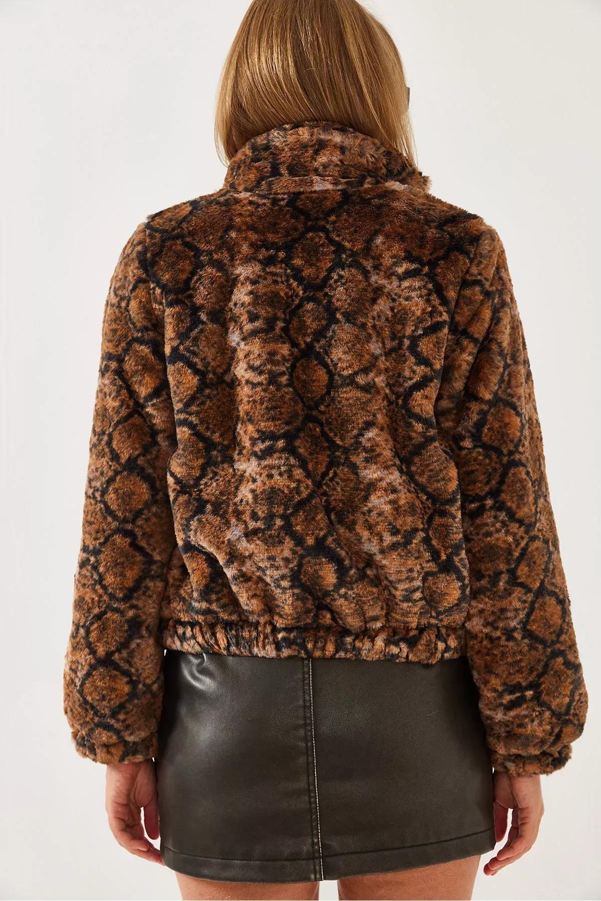 Brown Turtleneck Zippered Plush Coat, Black-Camel, large image number 3