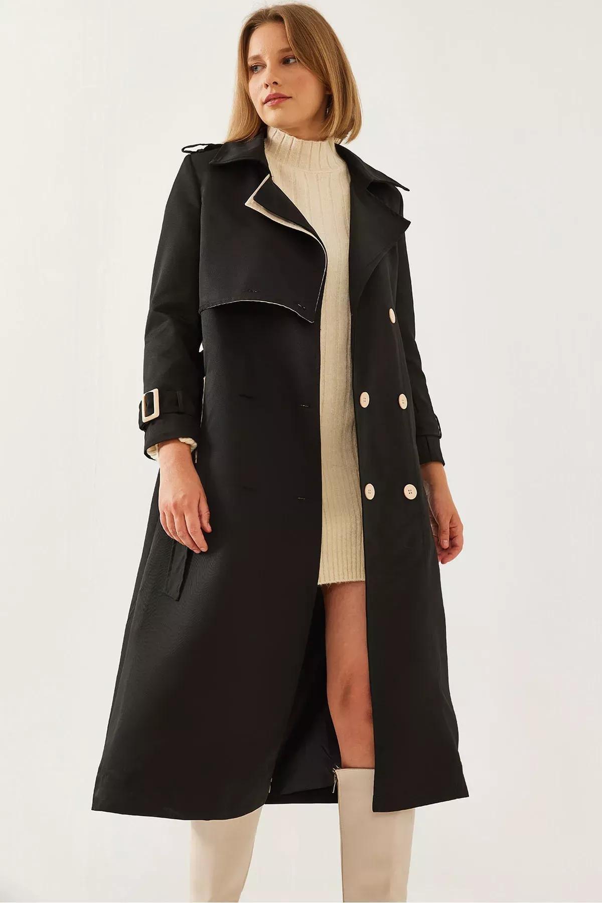 Black Garni Windbreaker Flap Trench Coat, , large image number 0