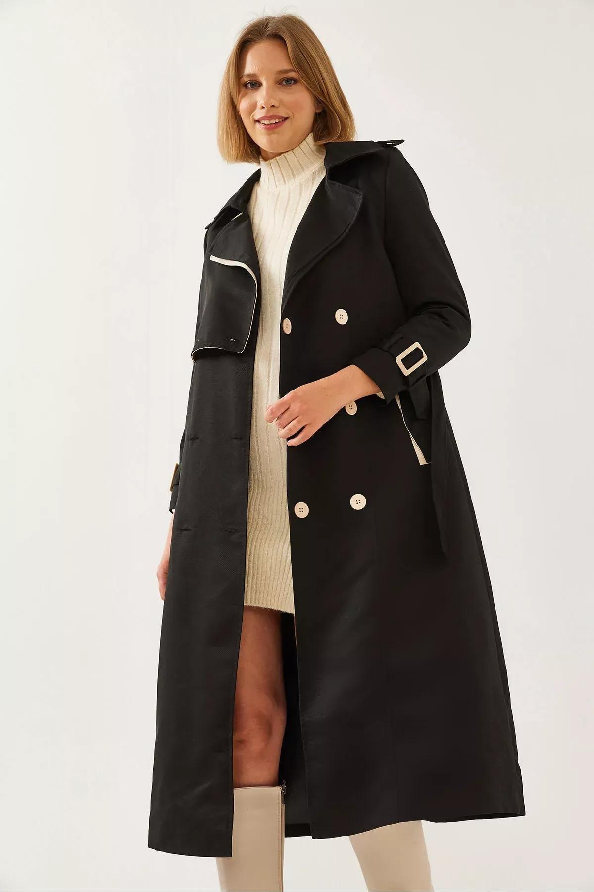 Black Garni Windbreaker Flap Trench Coat, , large image number 1