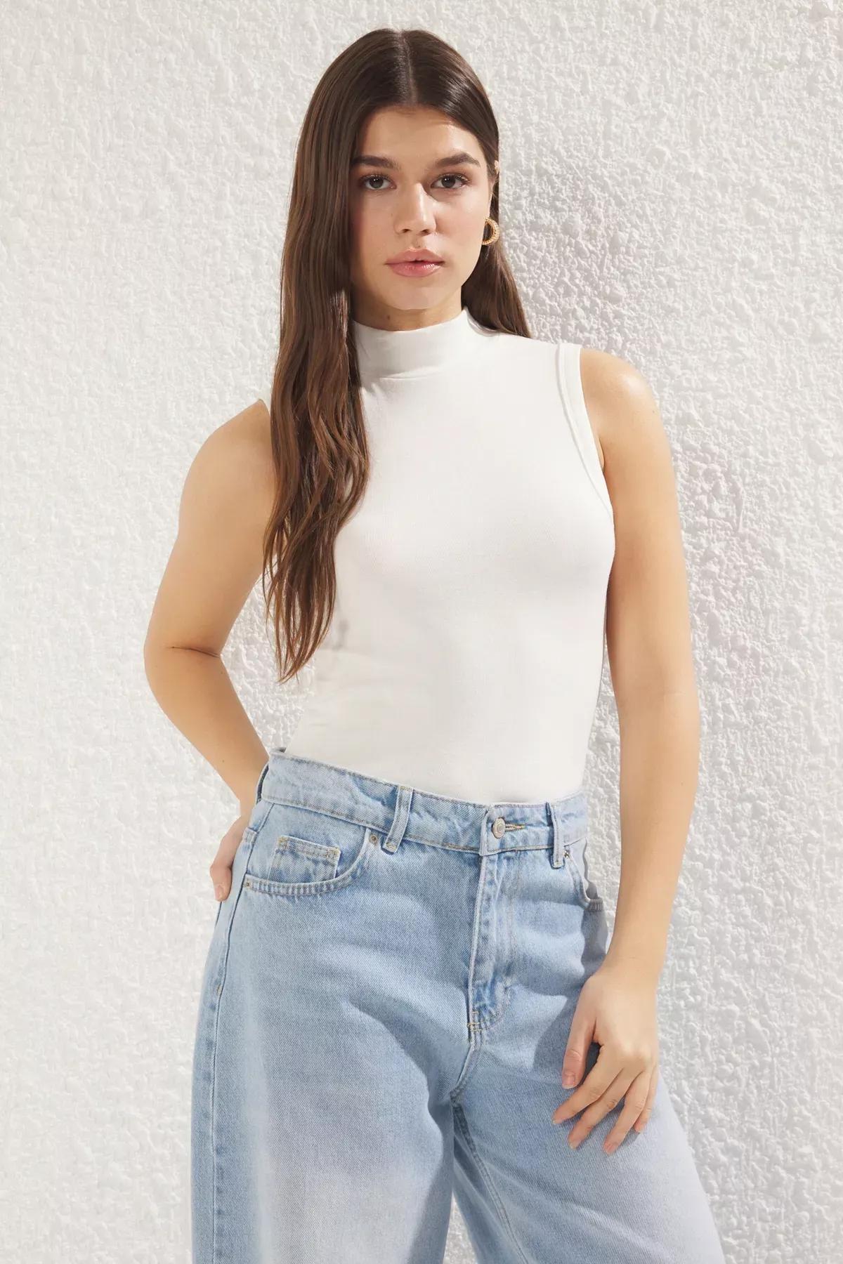 Beige Sleeveless Knit Stand Collar Blouse, Ecru, large image number 0
