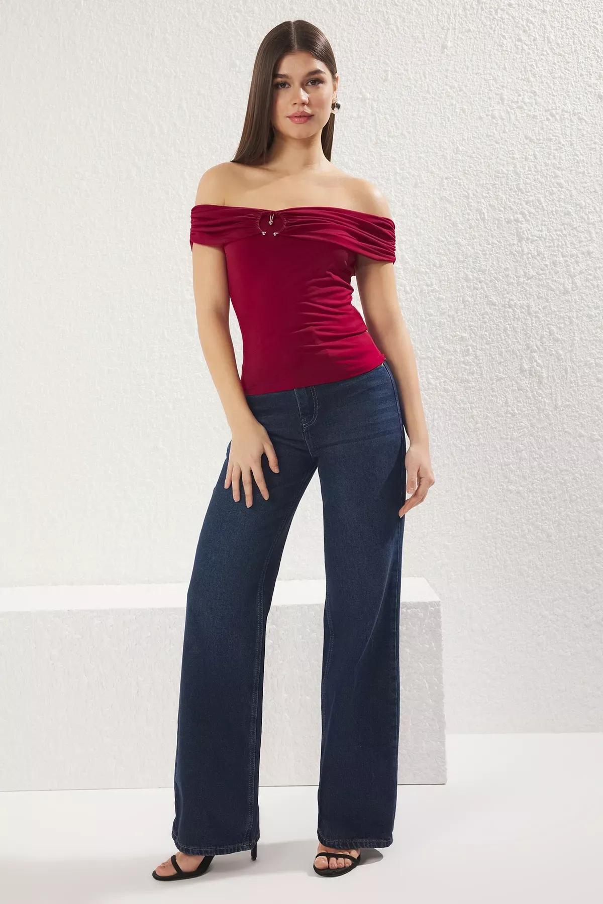 Burgundy Carmen Collar Blouse, , large image number 1