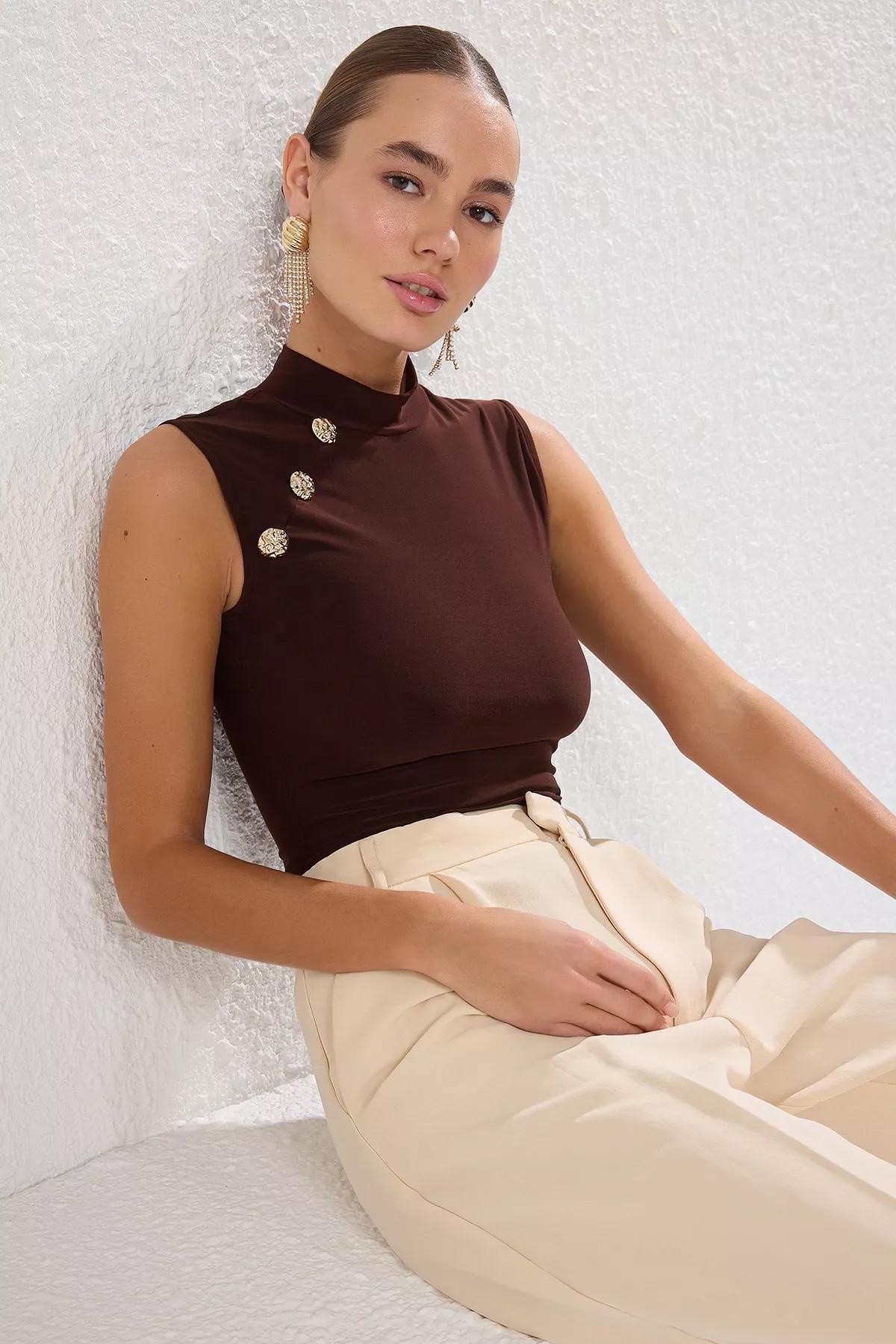 Brown Stand Collar Knit Blouse, Brown, medium