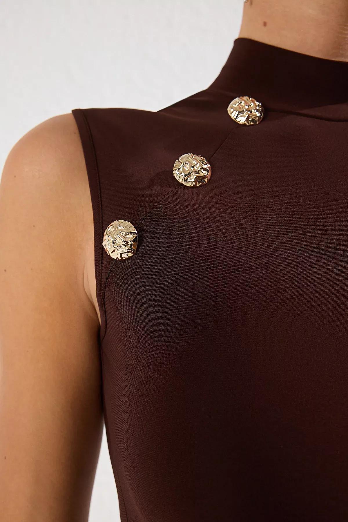 Brown Stand Collar Knit Blouse, Brown, large image number 2