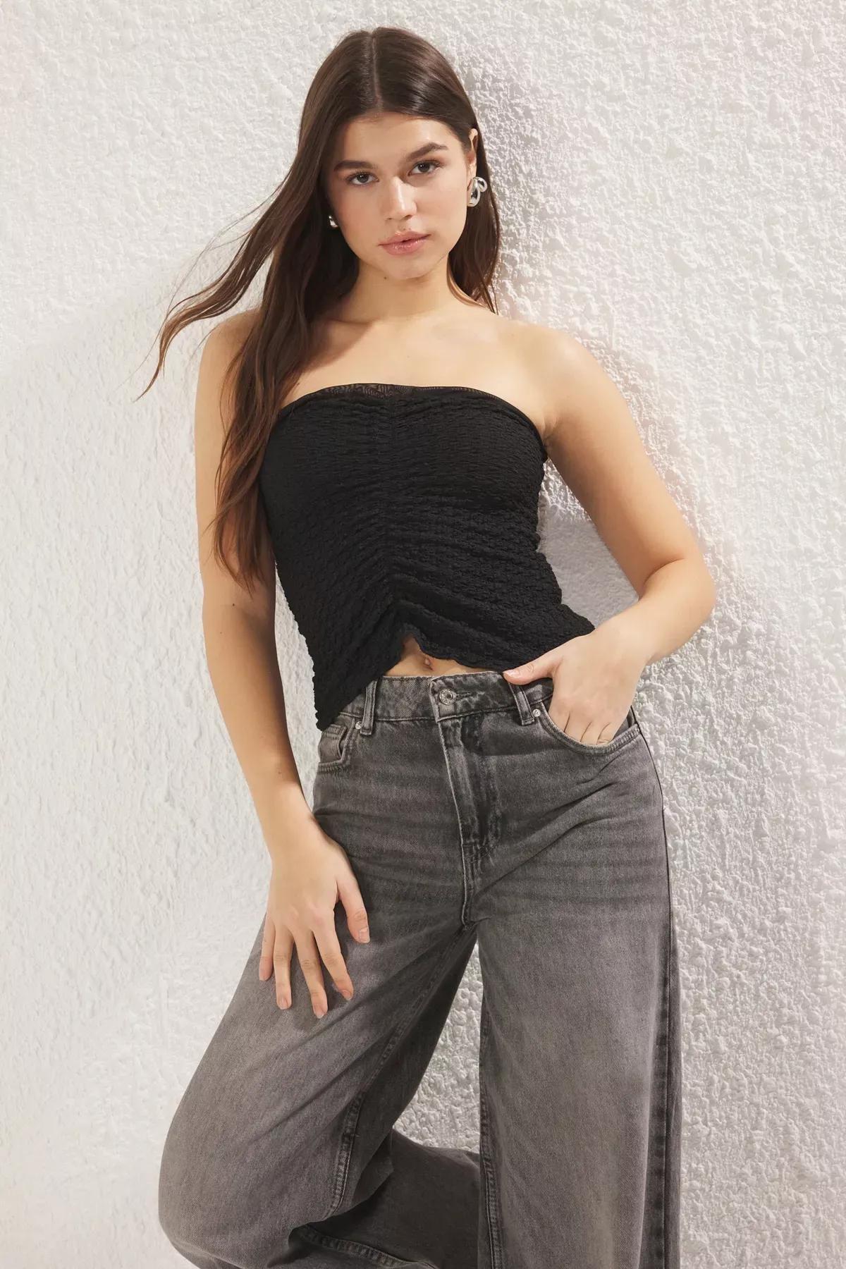 Black Textured Crop Blouse, , large image number 0