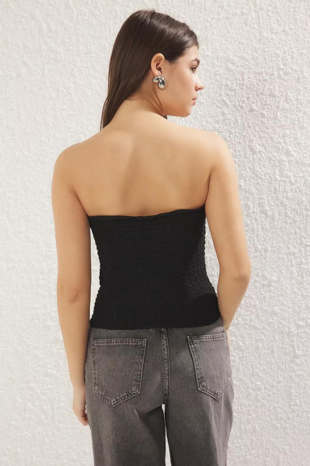 Black Textured Crop Blouse, , large image number 4