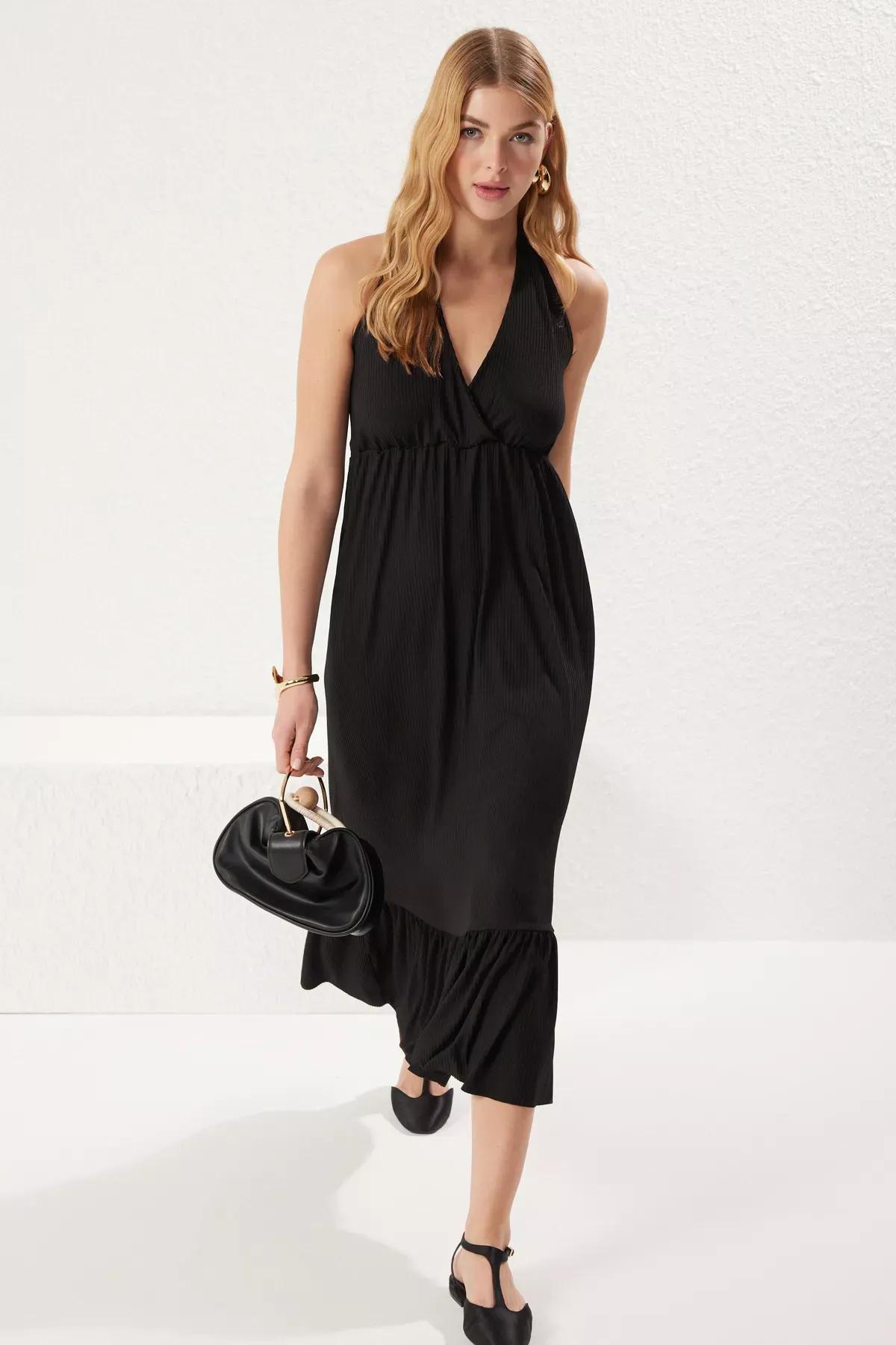 Black V-Neck Ruffle Skirt Pleated Dress, BLACK, large image number 0