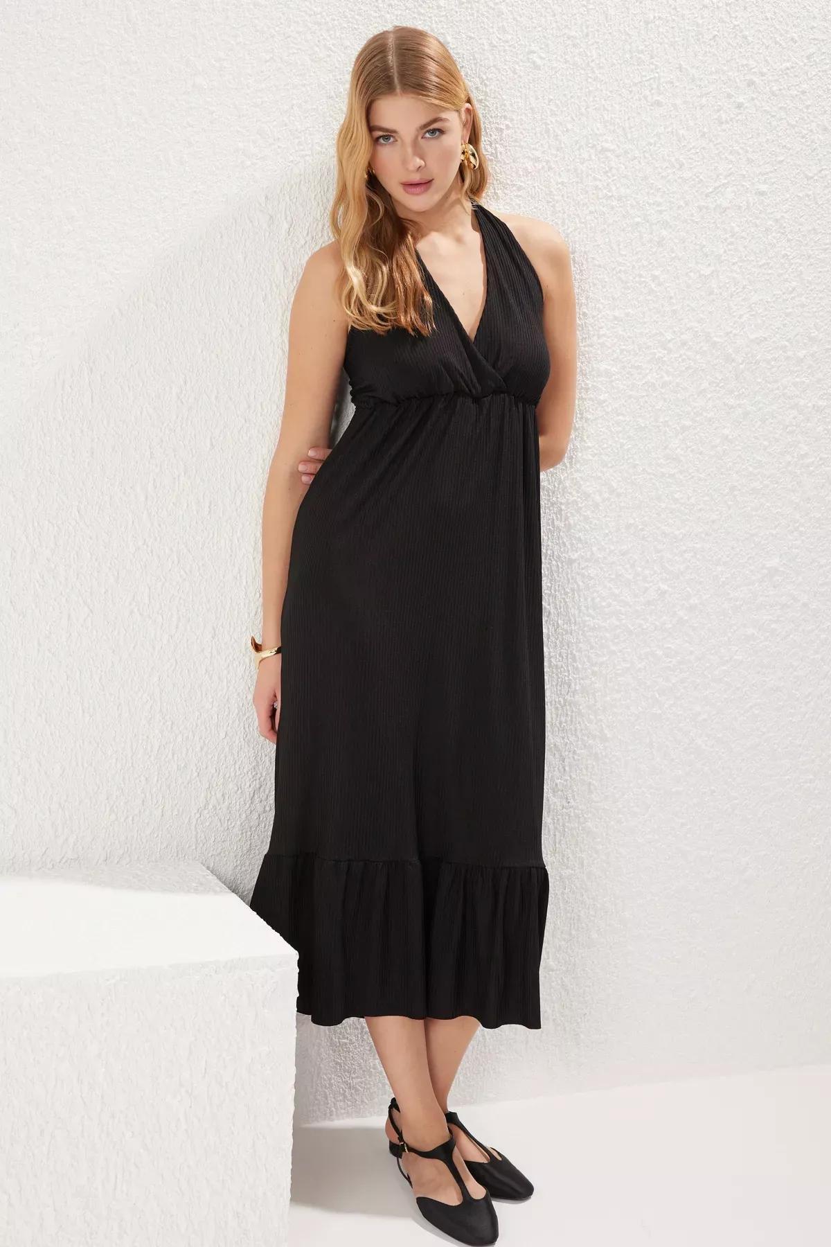 Black V-Neck Ruffle Skirt Pleated Dress, BLACK, large image number 1