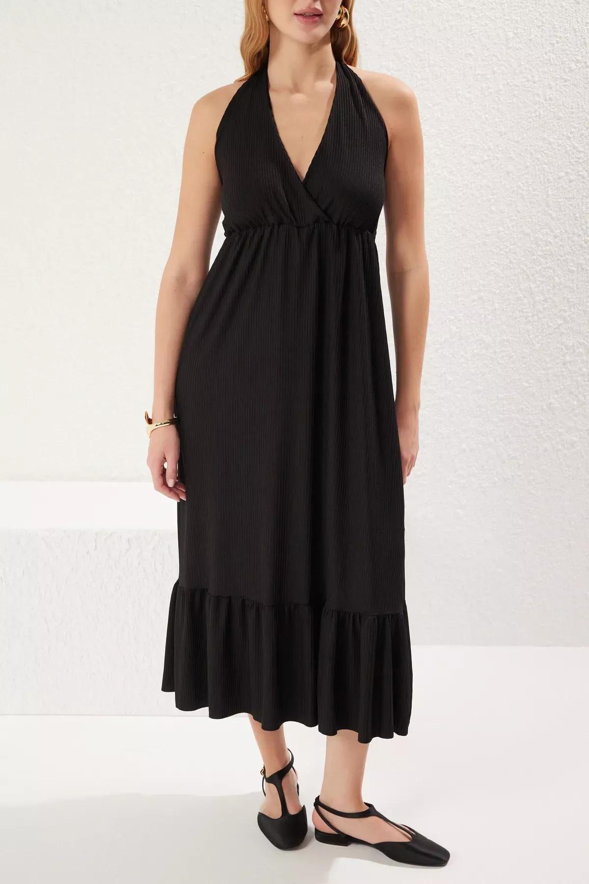 Black V-Neck Ruffle Skirt Pleated Dress, BLACK, large image number 2