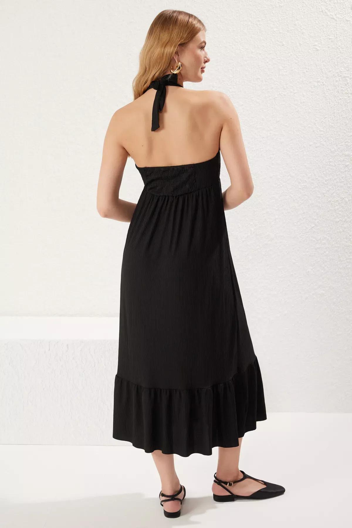 Black V-Neck Ruffle Skirt Pleated Dress, BLACK, large image number 4