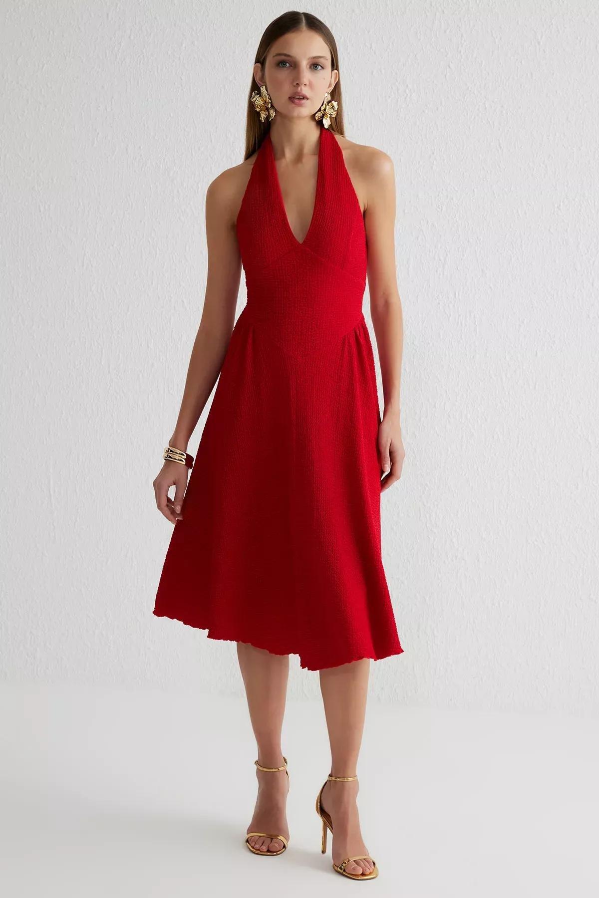 Red A-Cut V-Neck Detailed Dress, Red, large image number 0