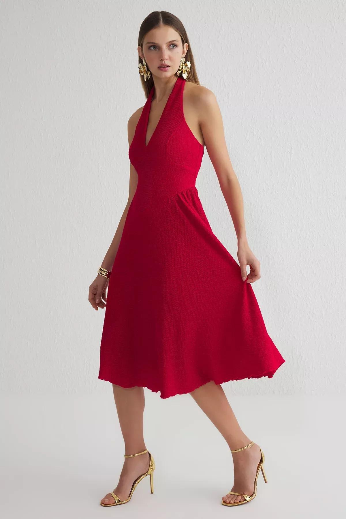 Red A-Cut V-Neck Detailed Dress, Red, large image number 1