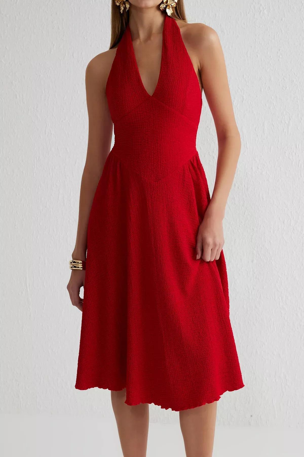 Red A-Cut V-Neck Detailed Dress, Red, large image number 2