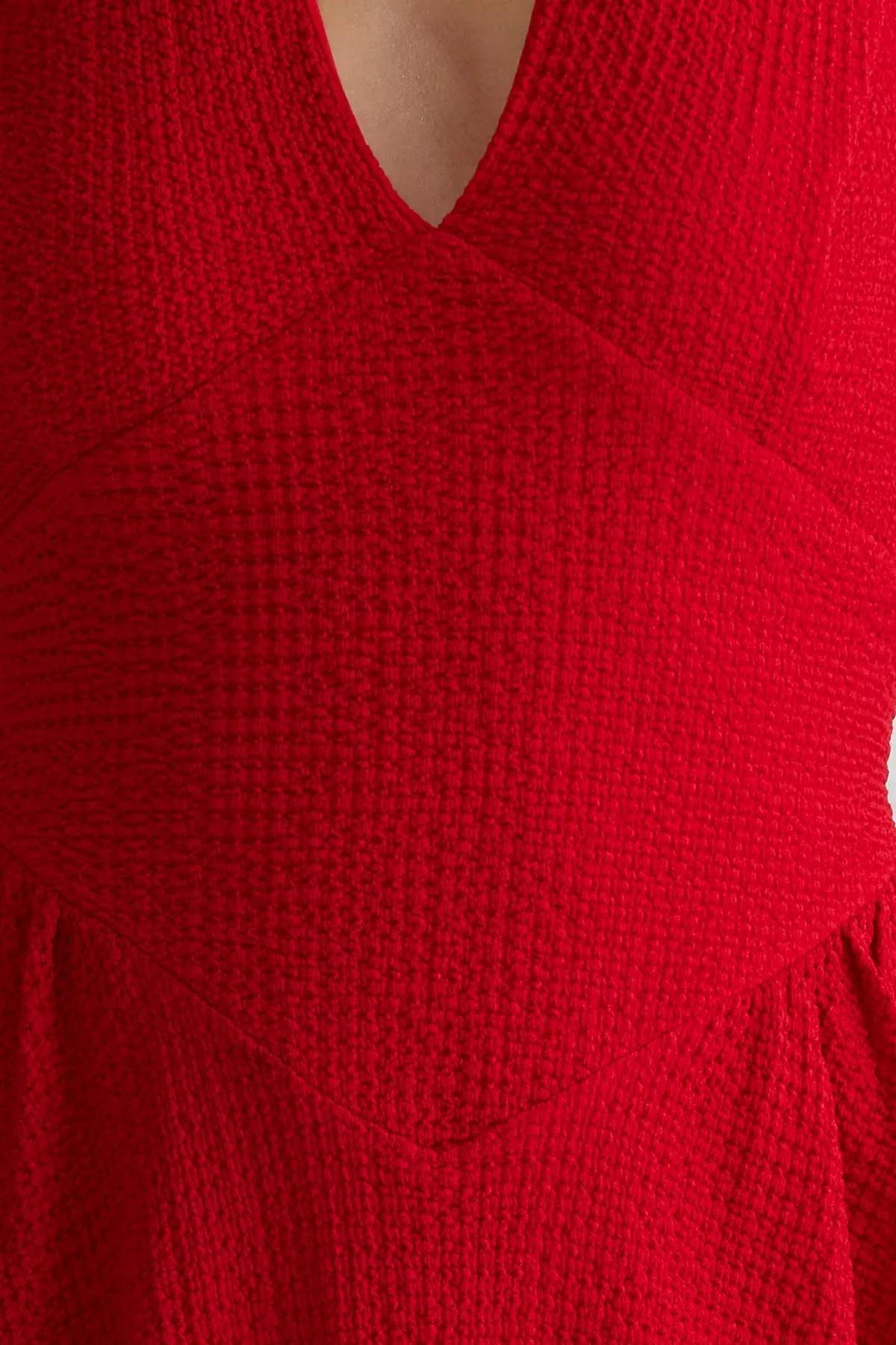 Red A-Cut V-Neck Detailed Dress, Red, large image number 3