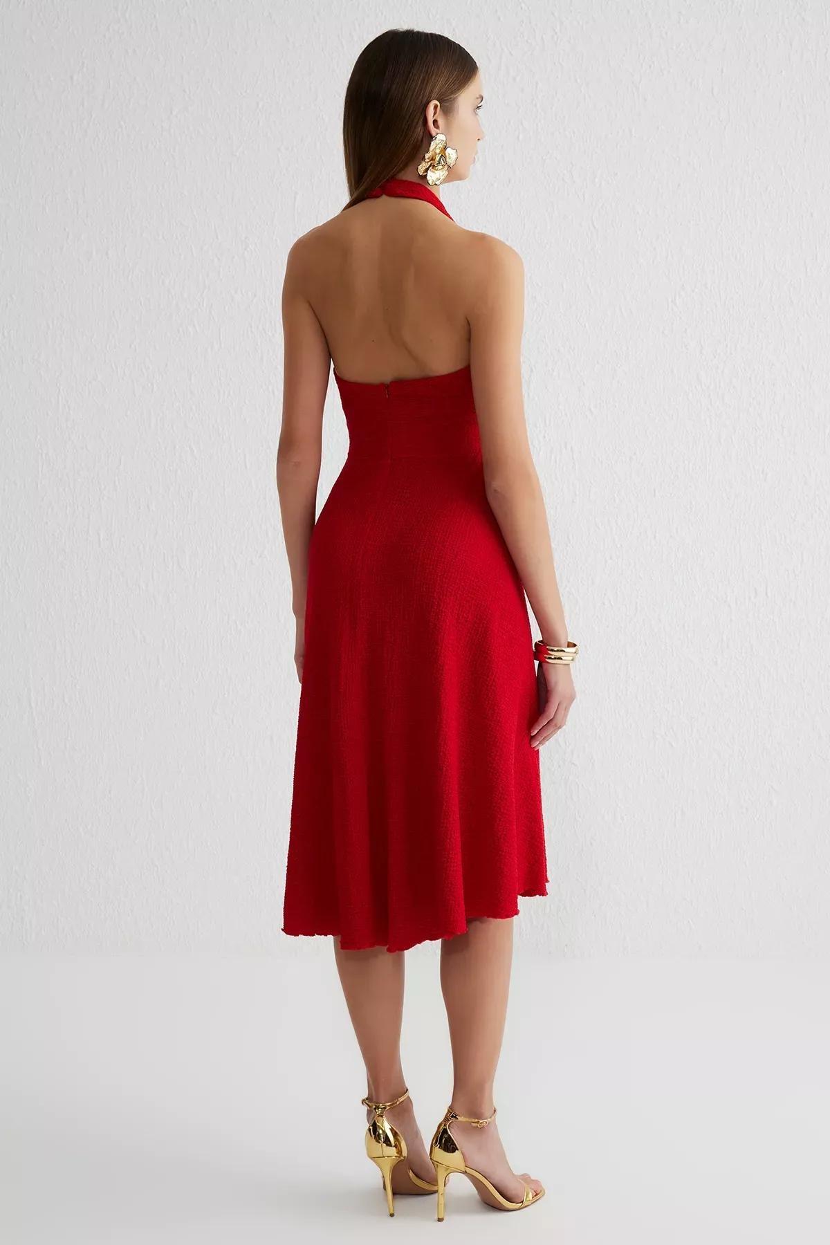 Red A-Cut V-Neck Detailed Dress, Red, large image number 4