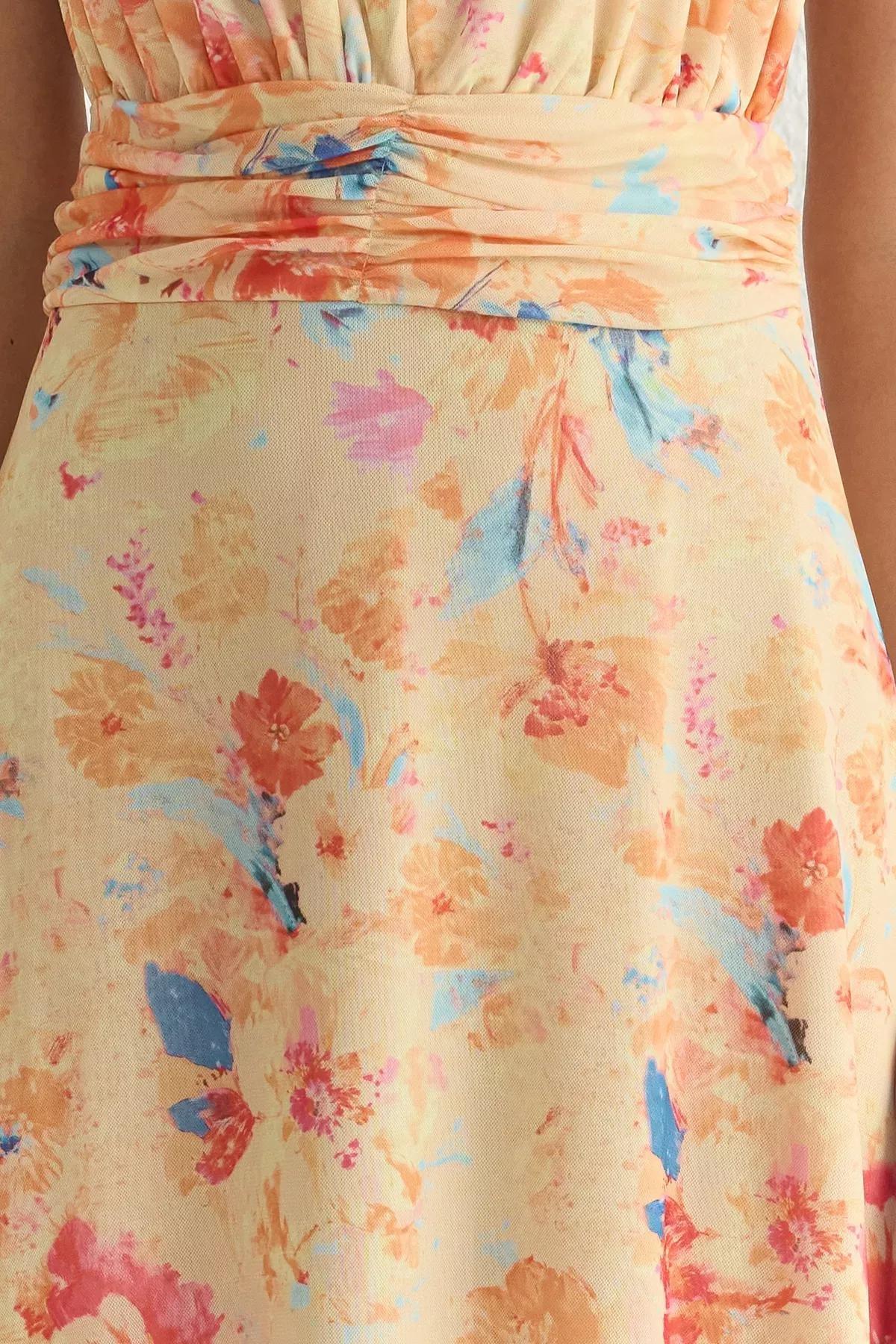 Yellow A-Line Floral Occasionwear Dress, Pink-Multicolor, large image number 5