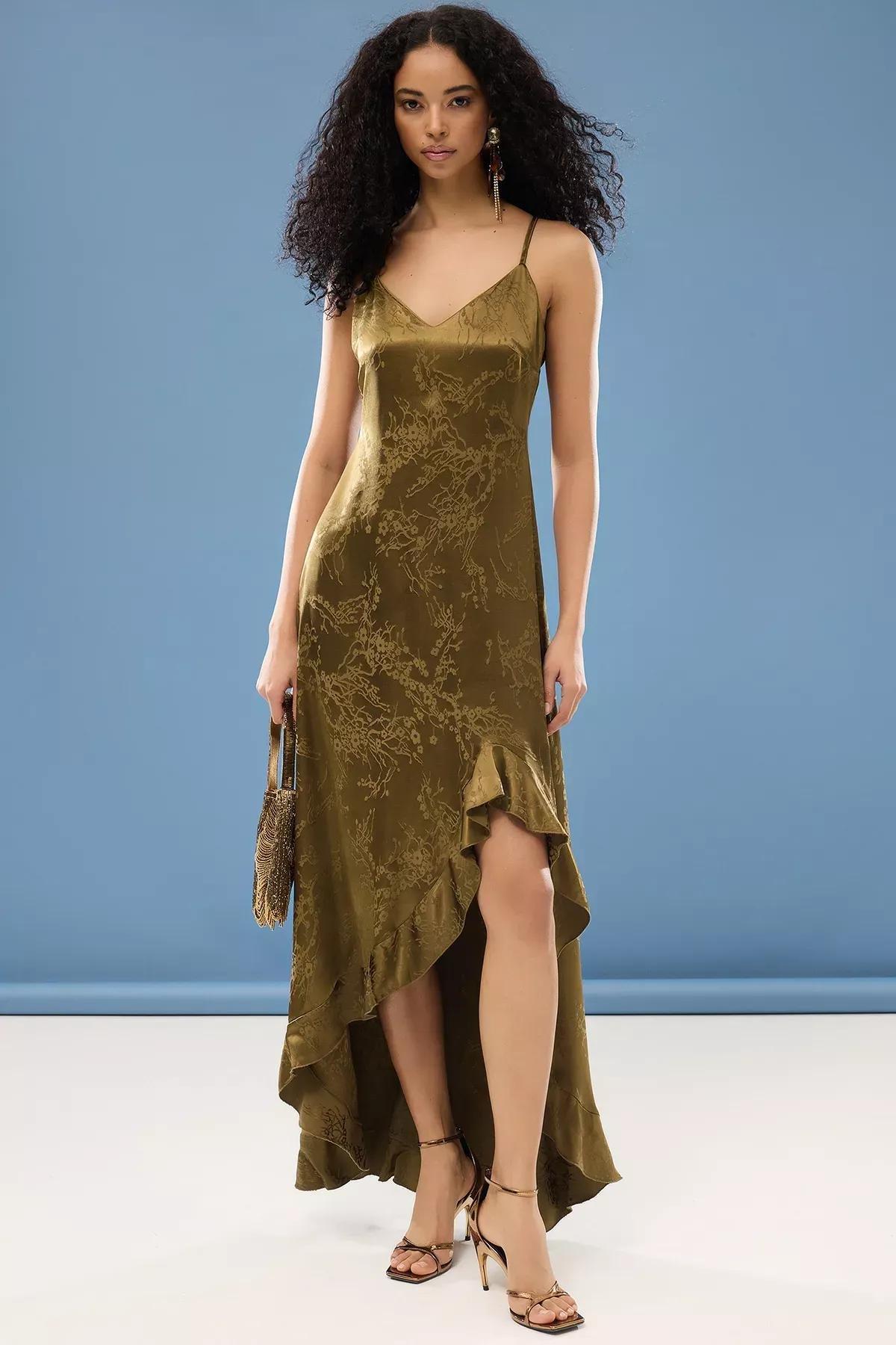 Khaki A-Cut Long Occasionwear Dress, , large image number 1