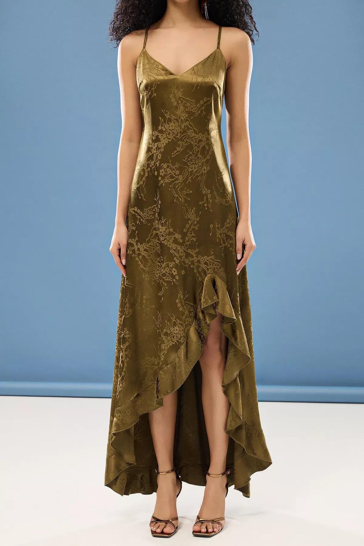 Khaki A-Cut Long Occasionwear Dress, , large image number 2