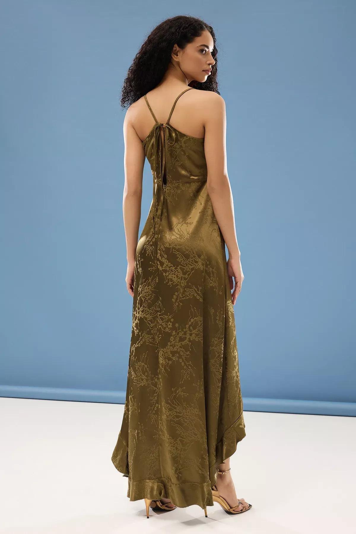 Khaki A-Cut Long Occasionwear Dress, , large image number 4