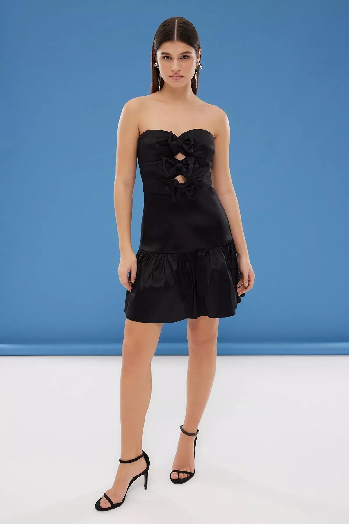Black A-Line Strapless Dress, BLACK, large image number 0