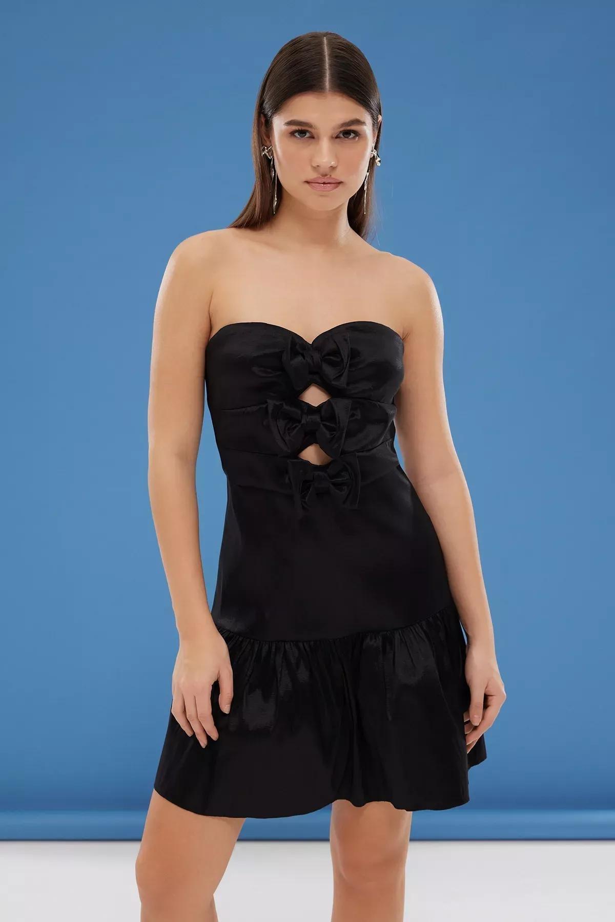 Black A-Line Strapless Dress, BLACK, large image number 2
