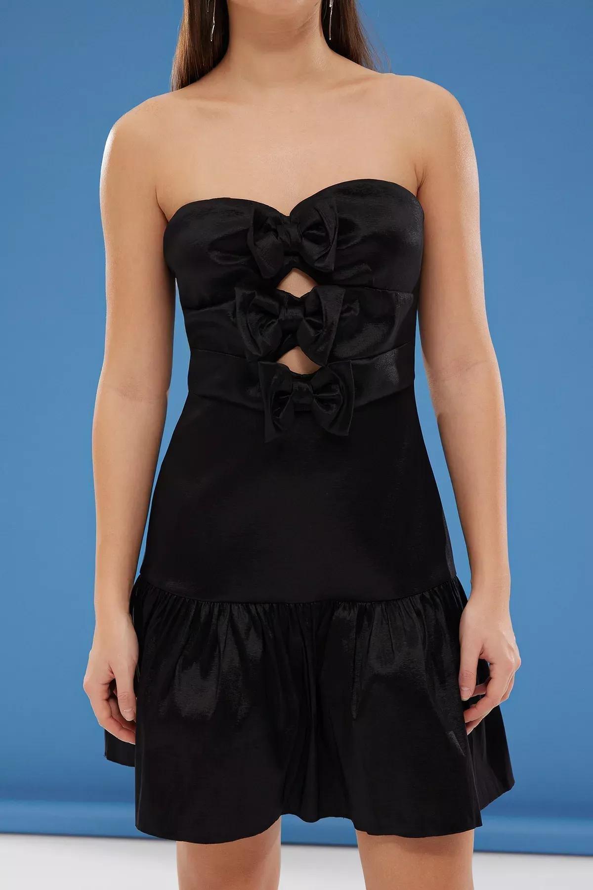 Black A-Line Strapless Dress, BLACK, large image number 4