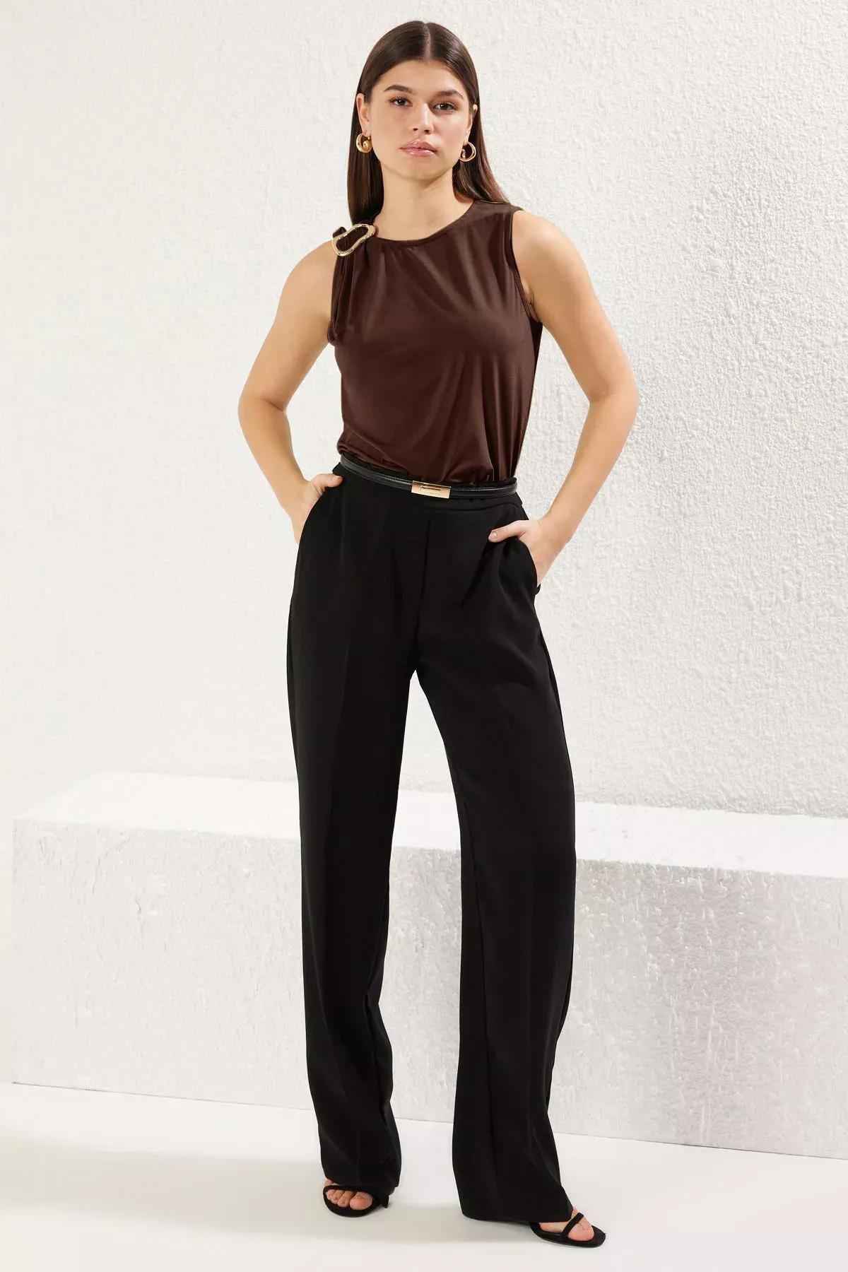 Brown Accessory Detailed Knitted Blouse, Brown, medium