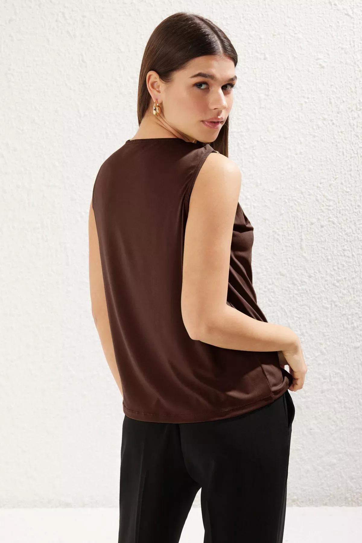 Brown Accessory Detailed Knitted Blouse, Brown, large image number 4