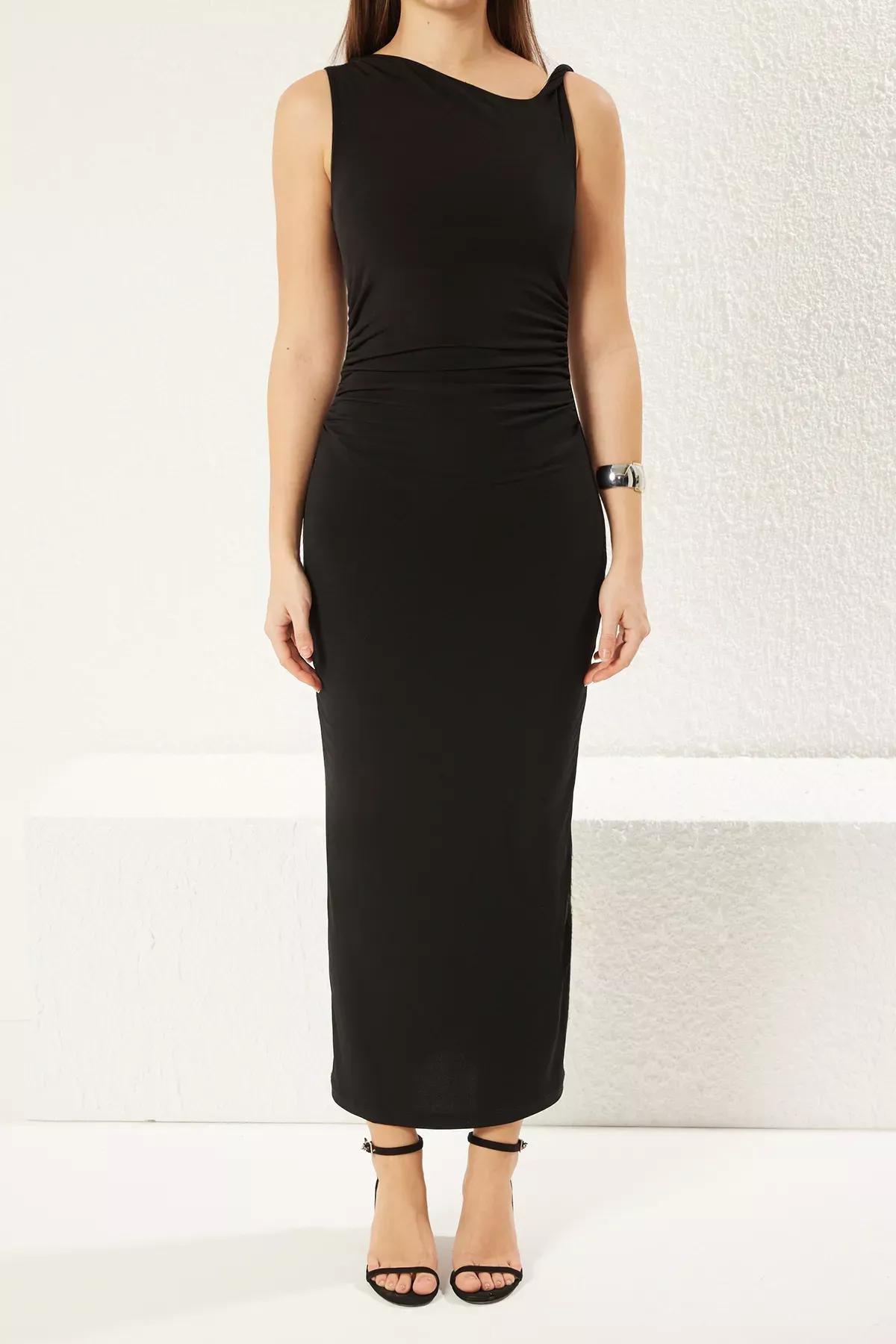 Black Fitted Gather Drape Knit Midi Dress, , large image number 2